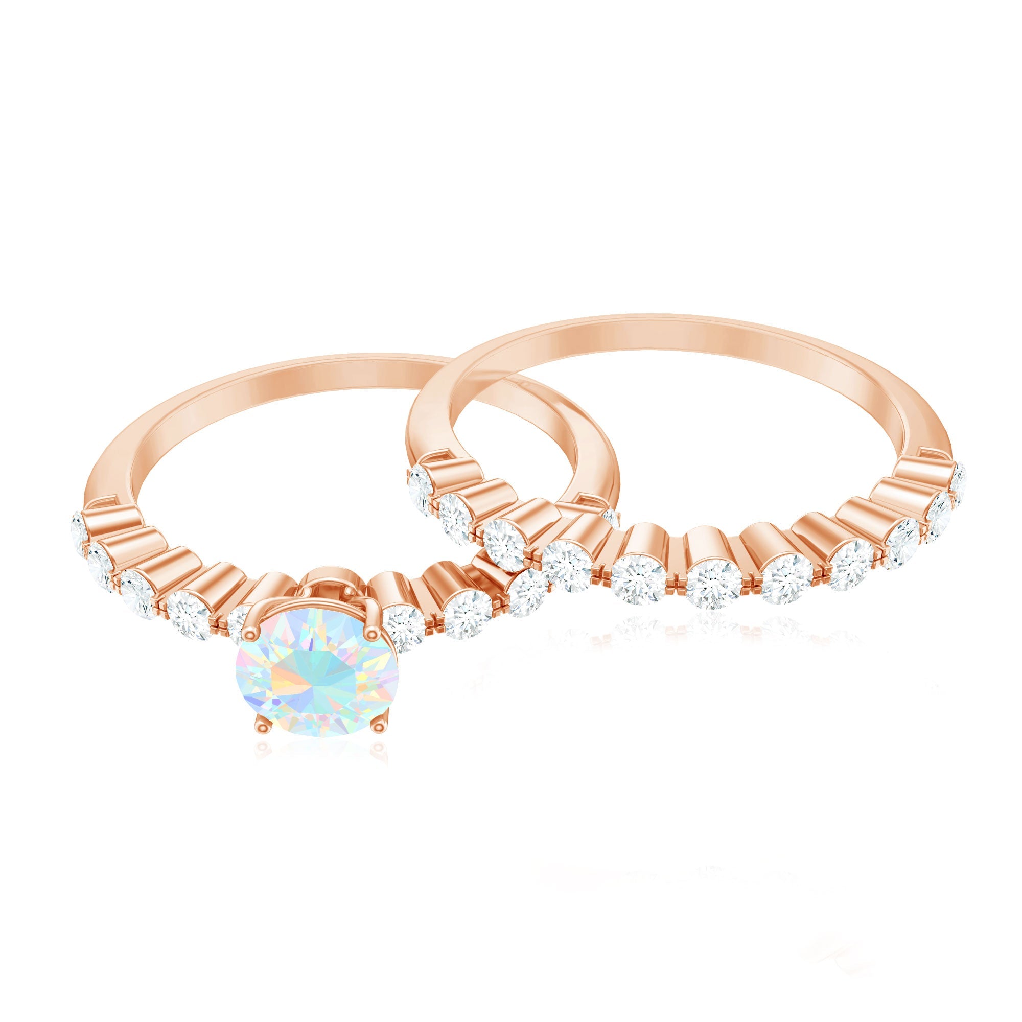 Certified Natural Ethiopian Opal Diamond Wedding Engagement Ring Set of 2