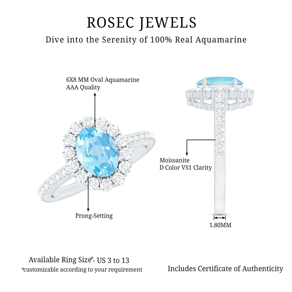 2.50 CT Oval Shape Solitaire Aquamarine and Moissanite Accent Engagement Ring