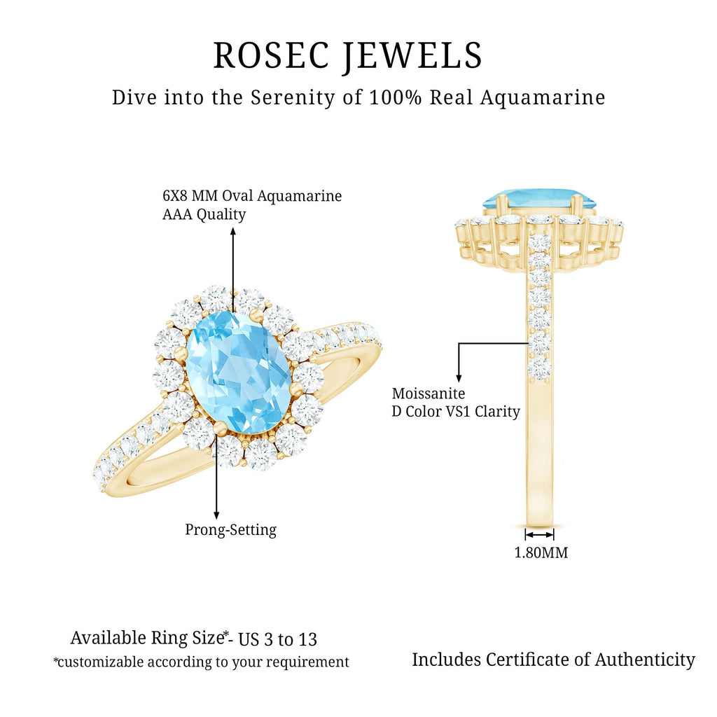 2.50 CT Oval Shape Solitaire Aquamarine and Moissanite Accent Engagement Ring