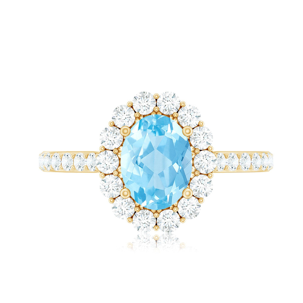 2.50 CT Oval Shape Solitaire Aquamarine and Moissanite Accent Engagement Ring