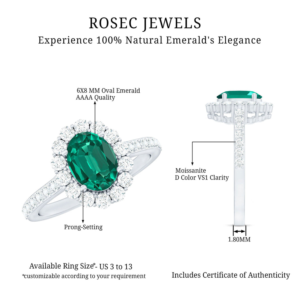 Certified 6X8 mm Oval Lab Grown Emerald Halo Engagement Ring