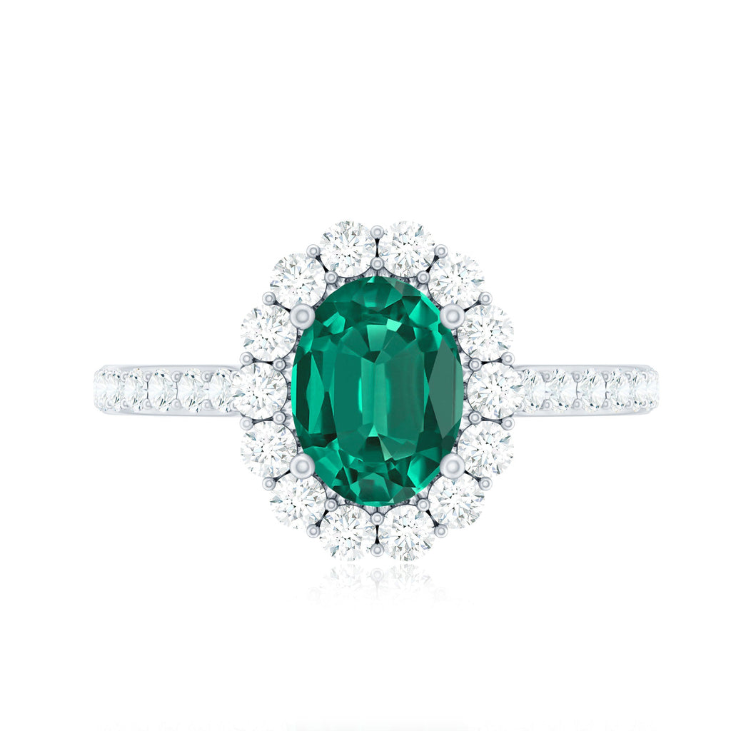 Certified 6X8 mm Oval Lab Grown Emerald Halo Engagement Ring