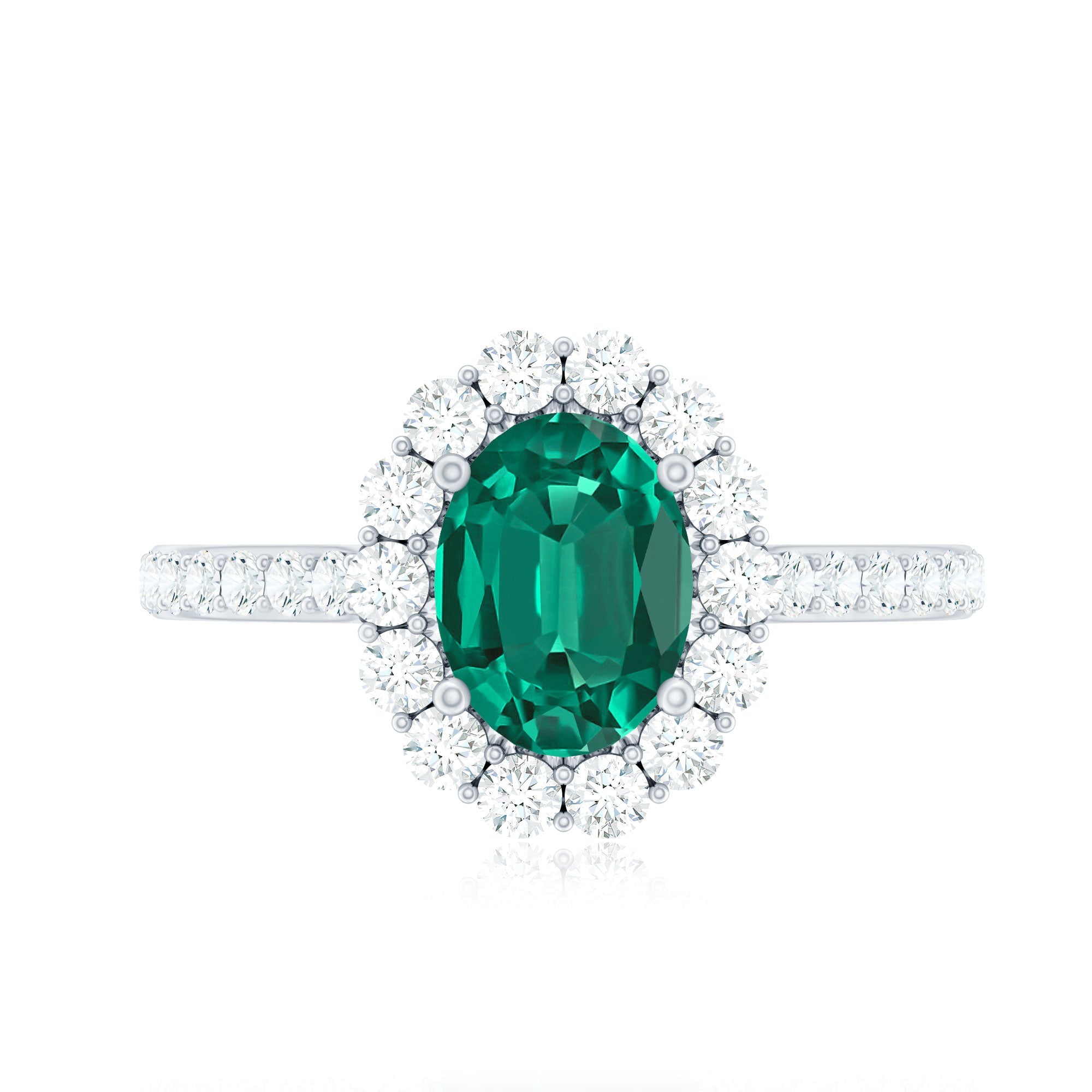 Certified 6X8 mm Oval Lab Grown Emerald Halo Engagement Ring