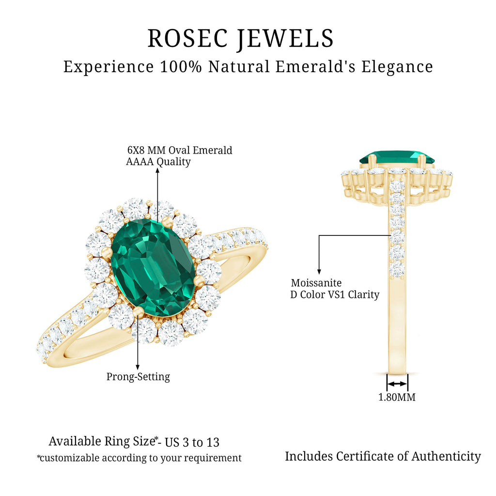 Certified 6X8 mm Oval Lab Grown Emerald Halo Engagement Ring