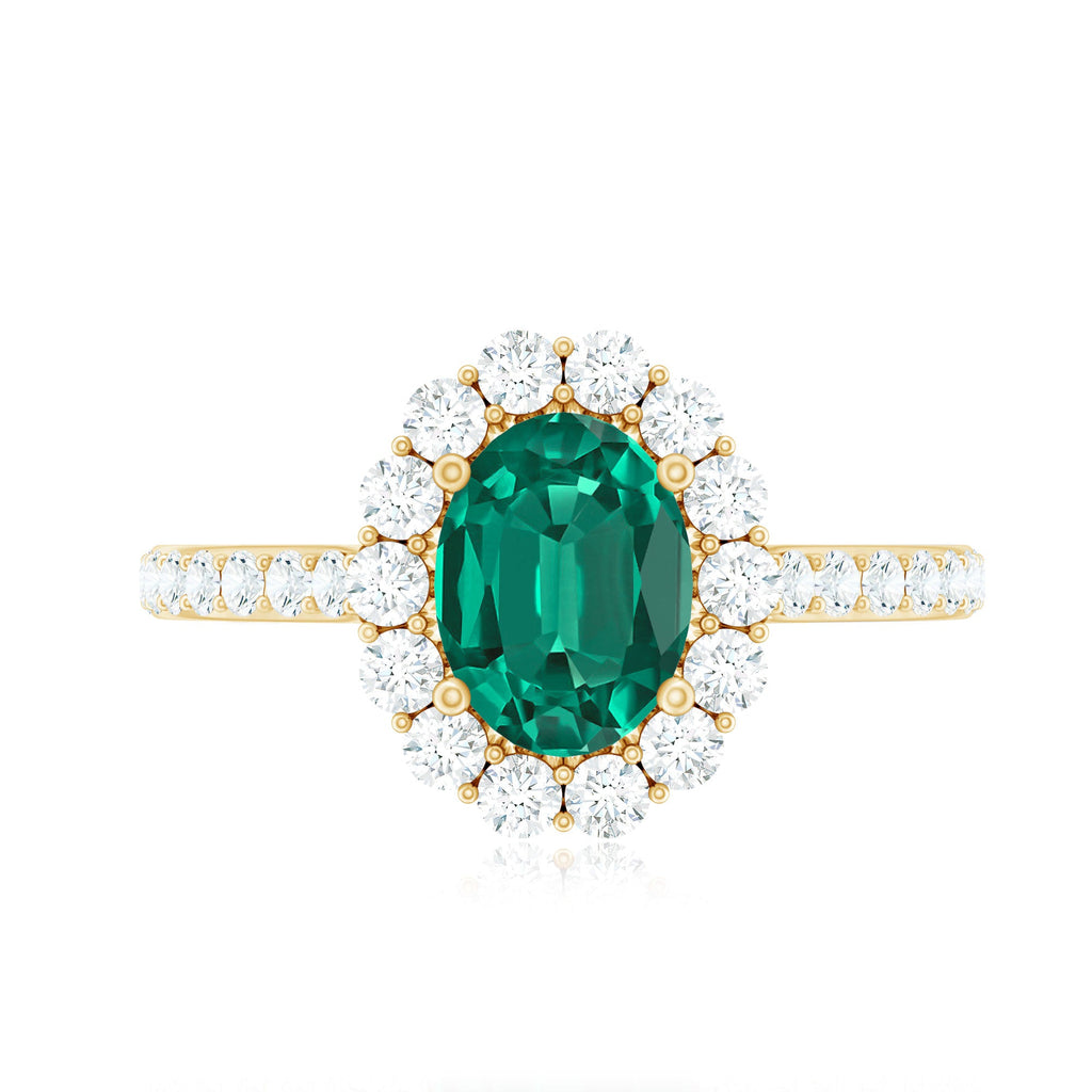 Certified 6X8 mm Oval Lab Grown Emerald Halo Engagement Ring