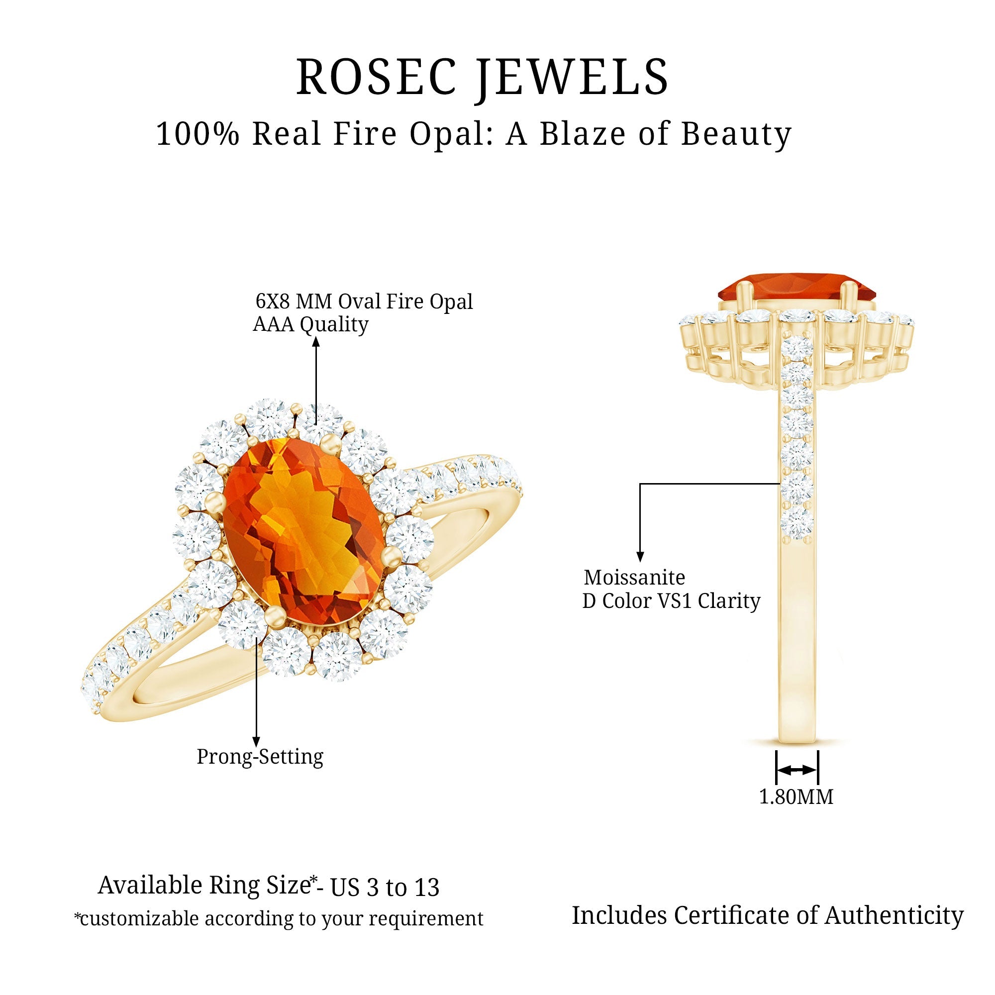 Orange Fire Opal Oval Shape Engagement Ring with Moissanite