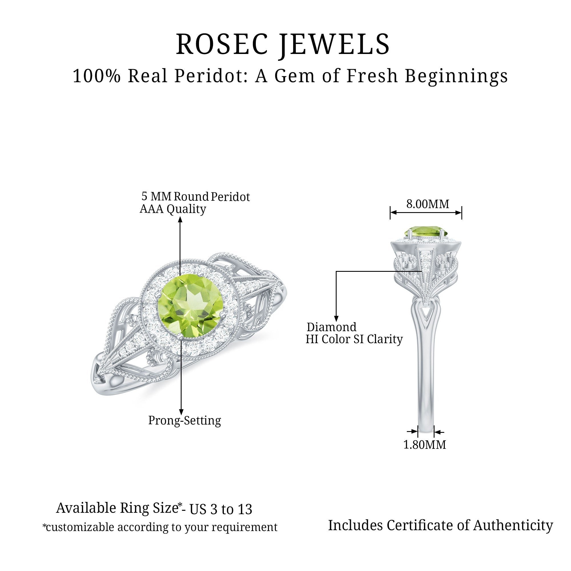 Vintage Inspired 0.5 Carat Peridot Engagement Ring with Diamond Halo