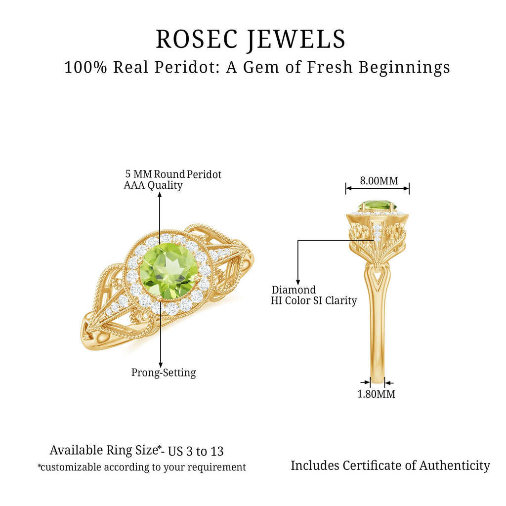 Vintage Inspired 0.5 Carat Peridot Engagement Ring with Diamond Halo