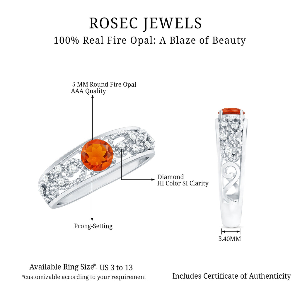 Vintage Style Fire Opal Solitaire Anniversary Band Ring with Diamond