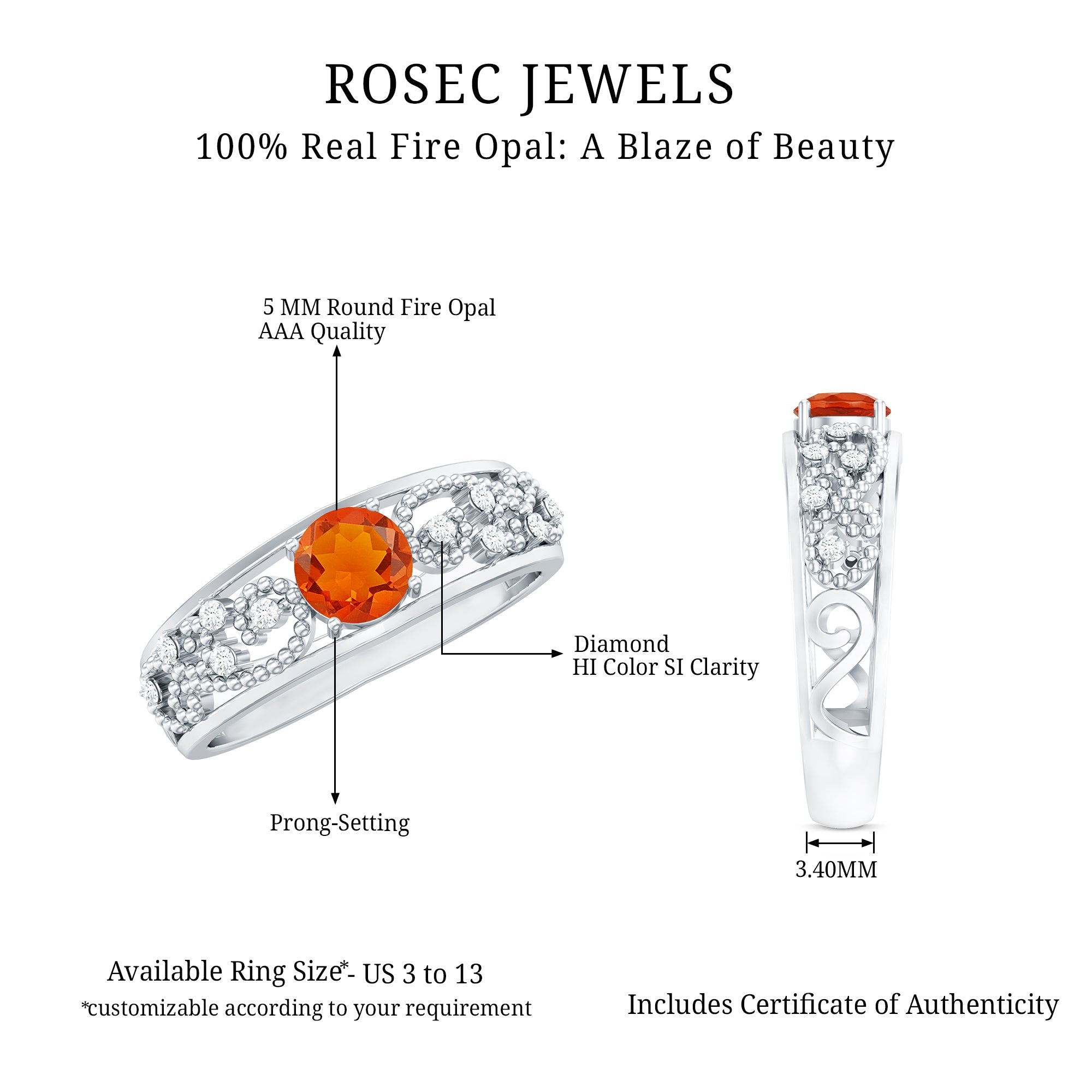 Vintage Style Fire Opal Solitaire Anniversary Band Ring with Diamond