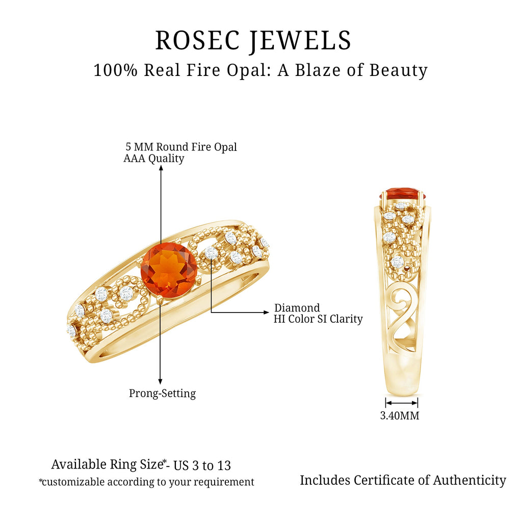 Vintage Style Fire Opal Solitaire Anniversary Band Ring with Diamond