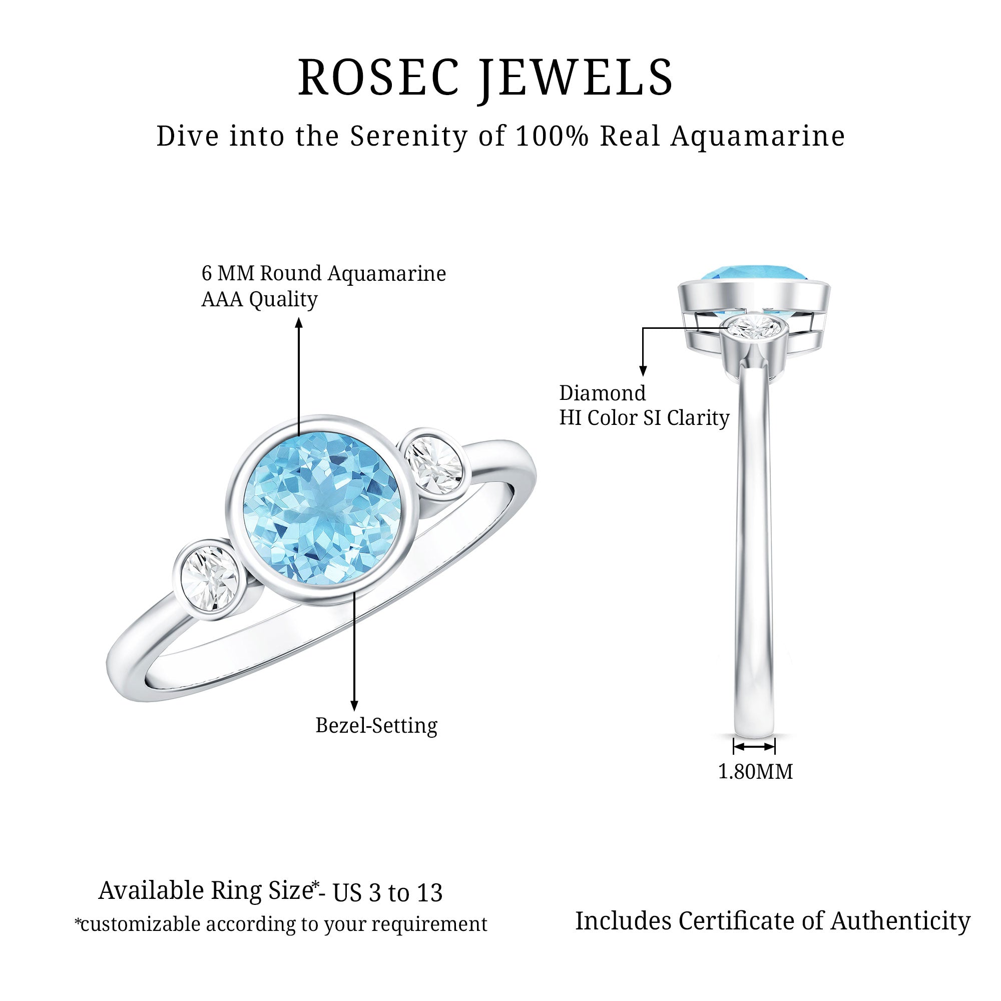 Bezel Set Aquamarine Solitaire Engagement Ring with Diamond