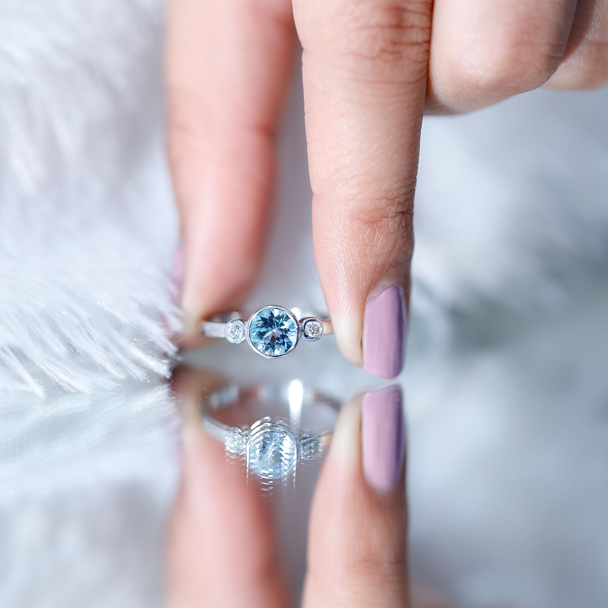 Bezel Set Aquamarine Solitaire Engagement Ring with Diamond
