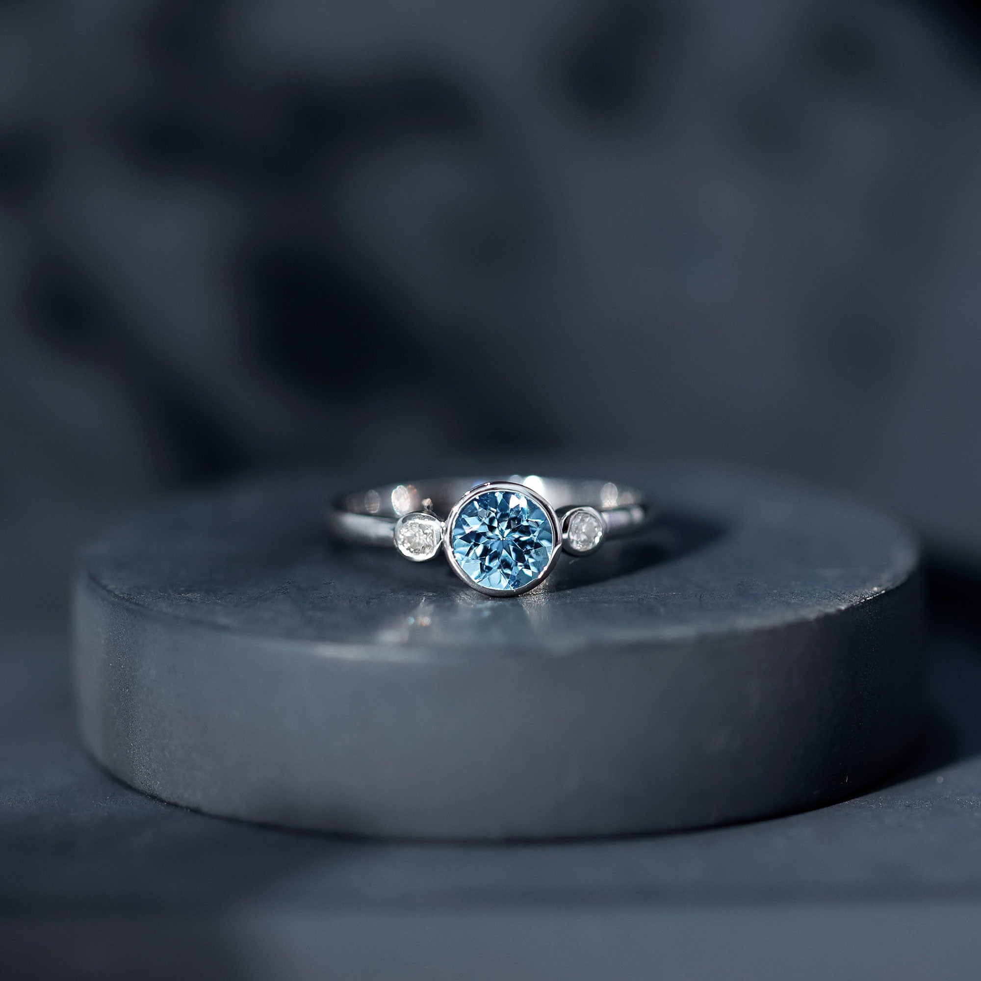 Bezel Set Aquamarine Solitaire Engagement Ring with Diamond