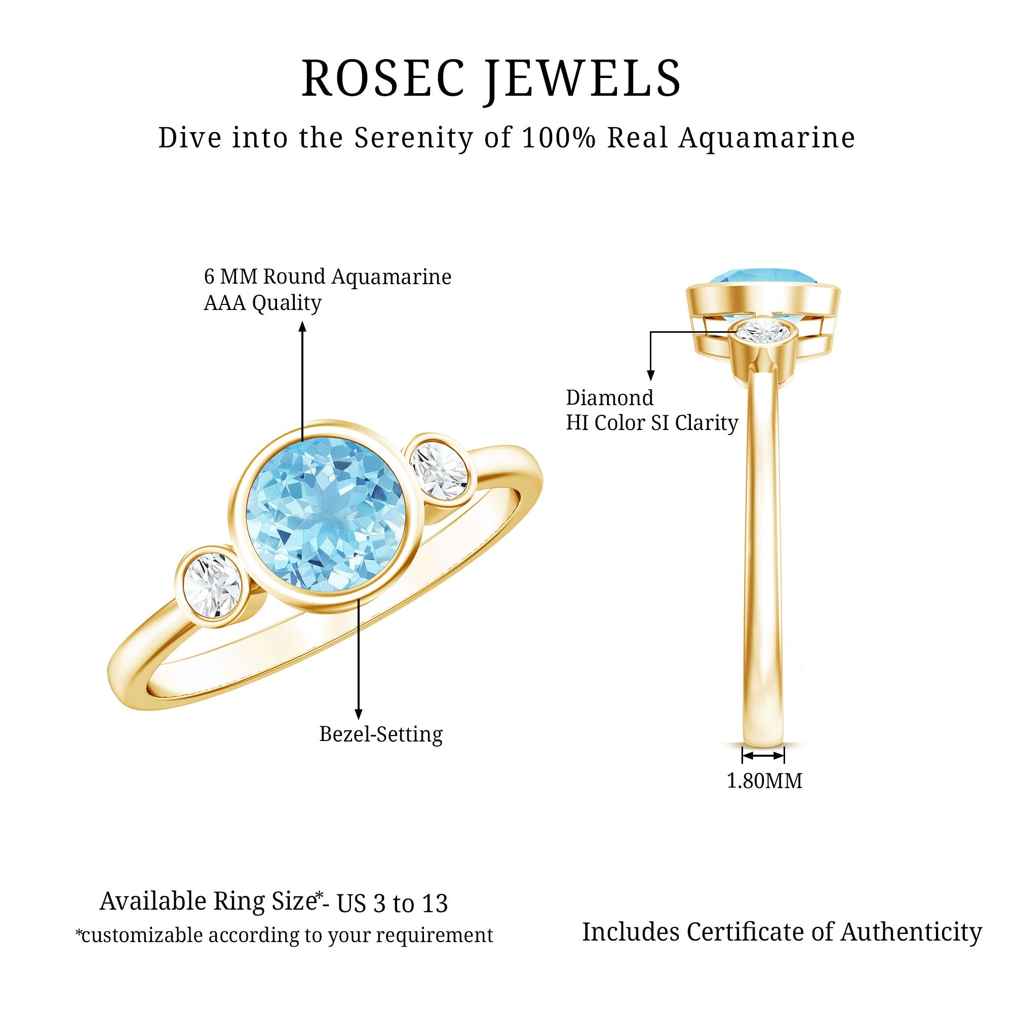 Bezel Set Aquamarine Solitaire Engagement Ring with Diamond