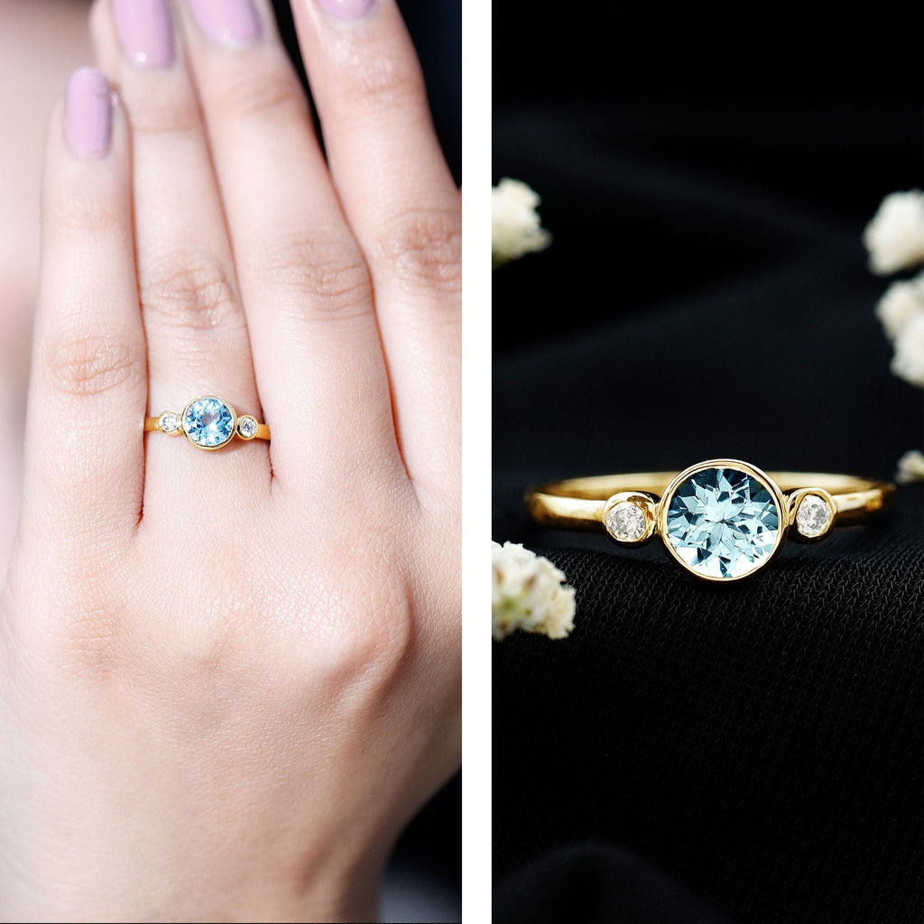 Bezel Set Aquamarine Solitaire Engagement Ring with Diamond