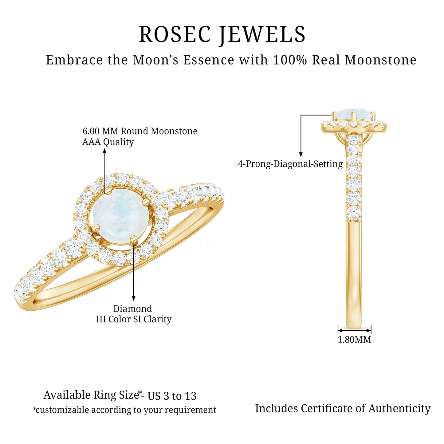 0.75 CT Moonstone and Diamond Halo Engagement Ring