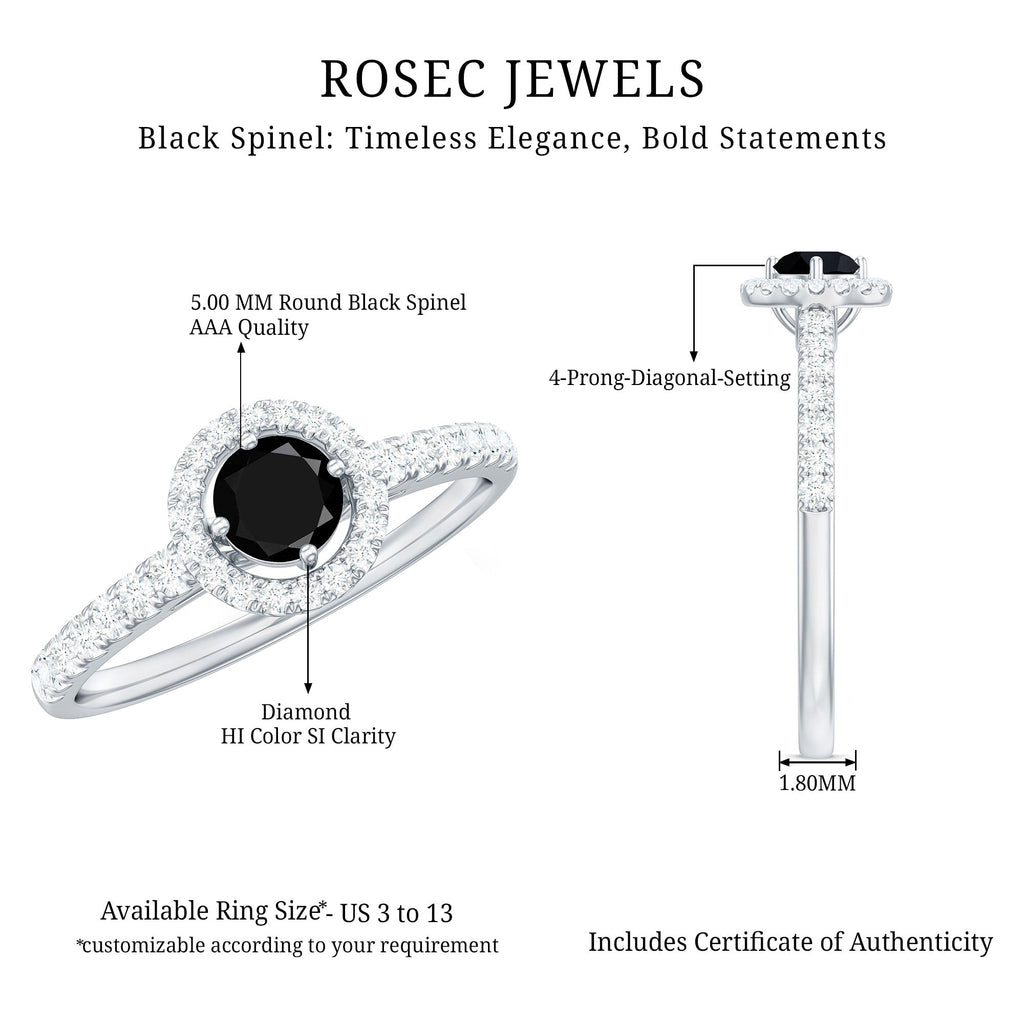 Minimal Black Spinel Minimal Engagement Ring with Diamond Halo