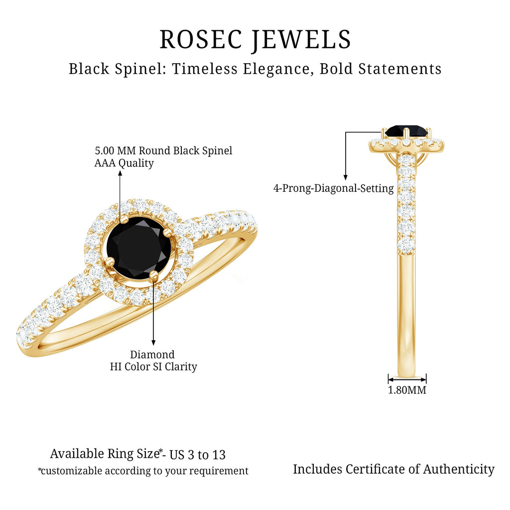 Minimal Black Spinel Minimal Engagement Ring with Diamond Halo