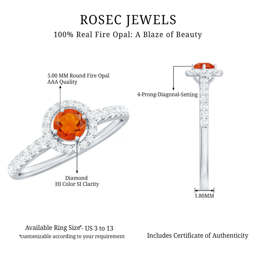 0.75 CT Fire Opal and Diamond Halo Engagement Ring