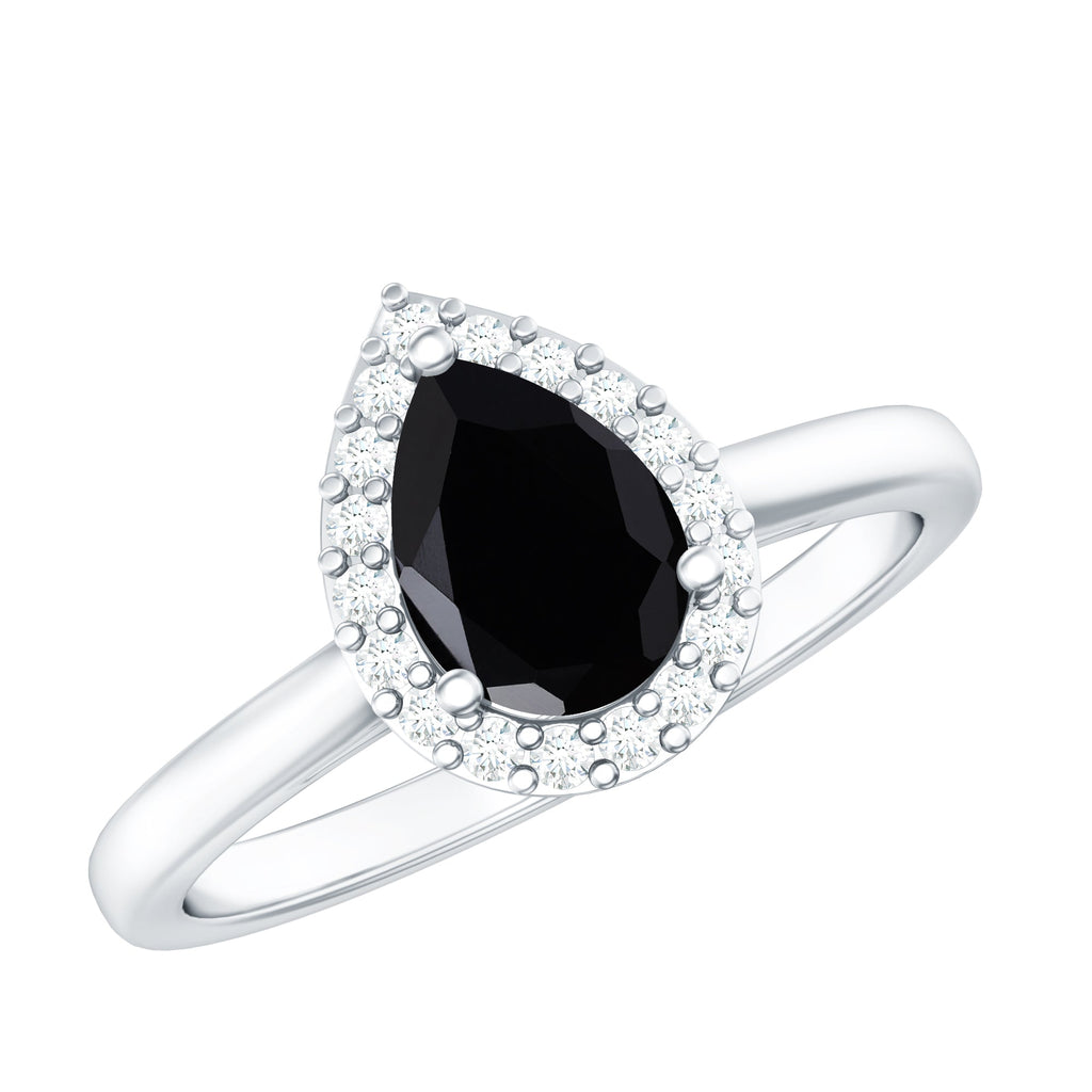 Certified Real Black Spinel Teardrop Engagement Ring with Diamond Halo