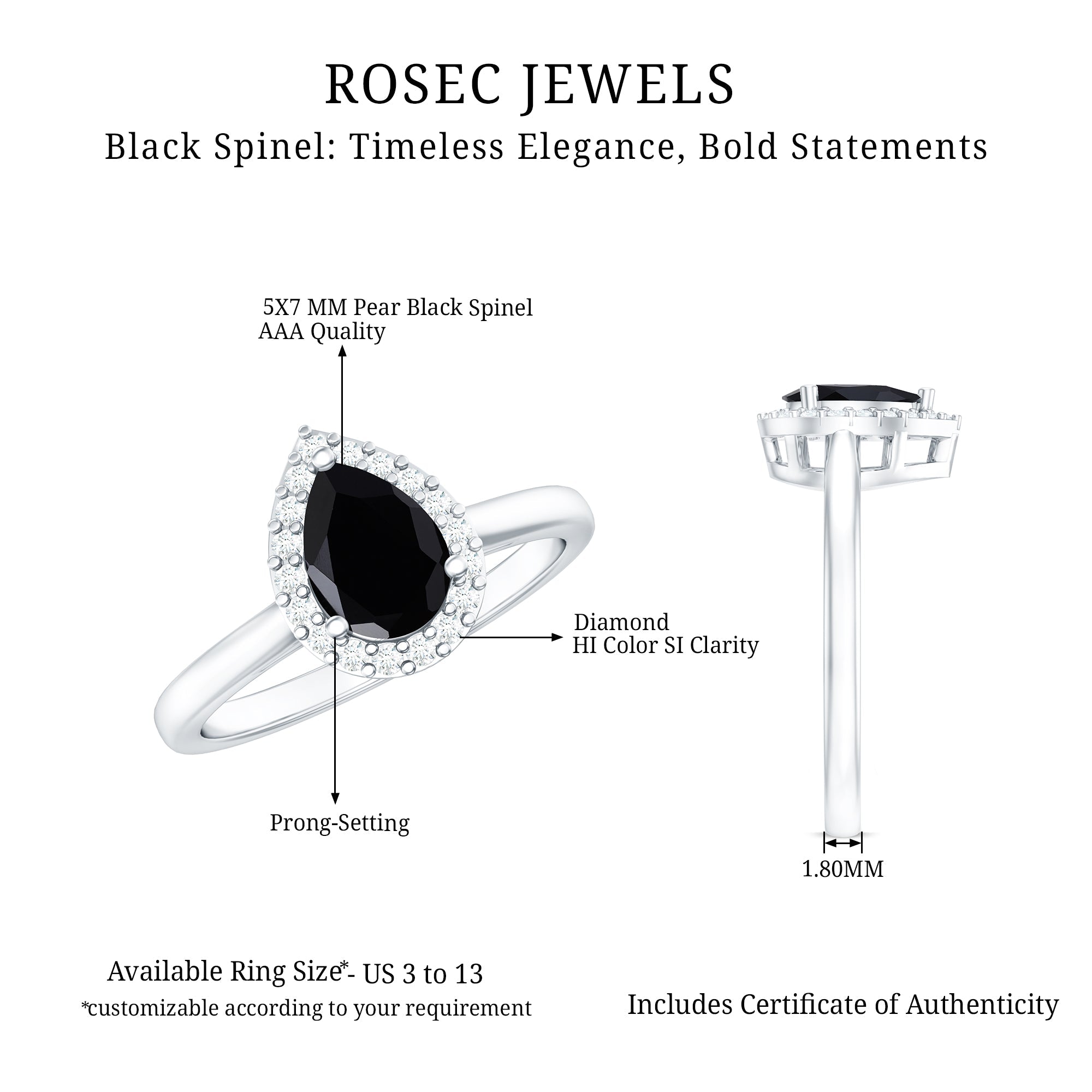 Certified Real Black Spinel Teardrop Engagement Ring with Diamond Halo