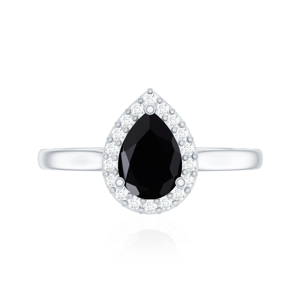 Certified Real Black Spinel Teardrop Engagement Ring with Diamond Halo