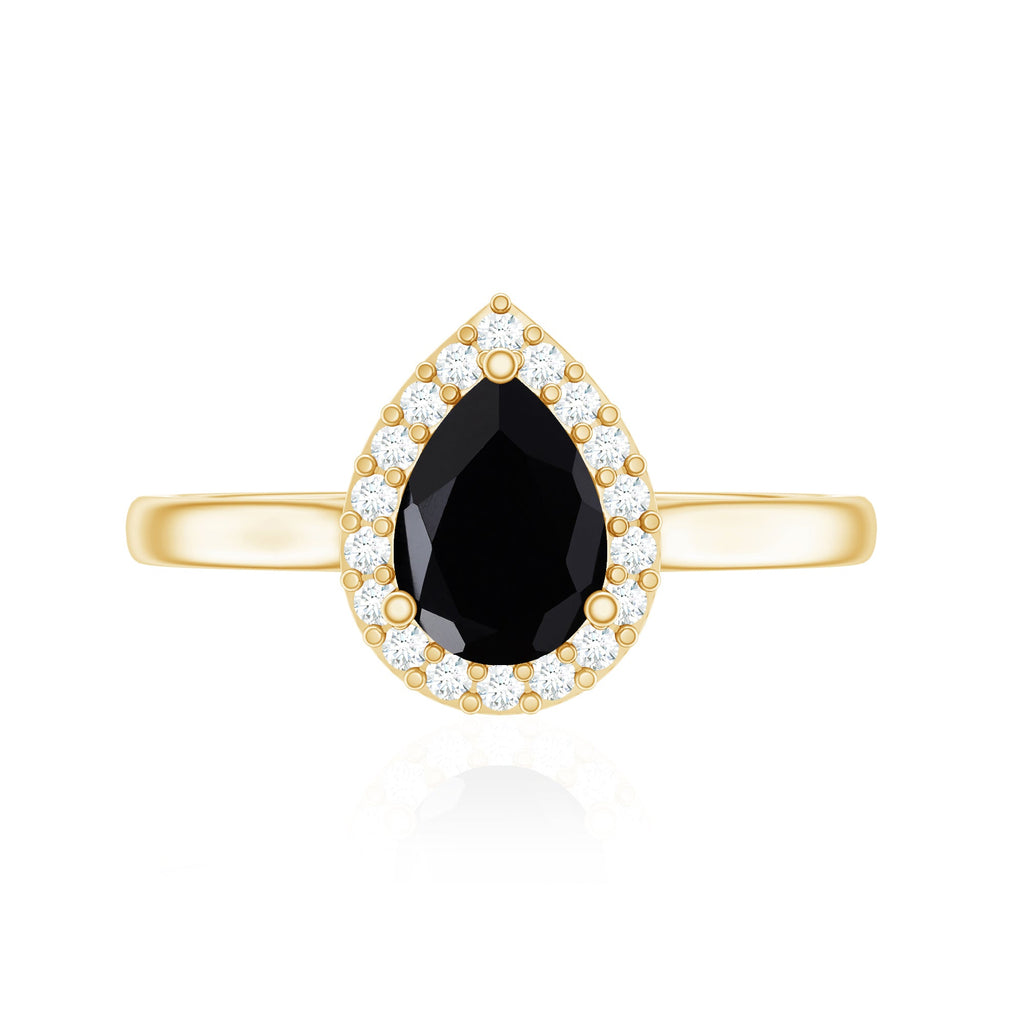 Certified Real Black Spinel Teardrop Engagement Ring with Diamond Halo