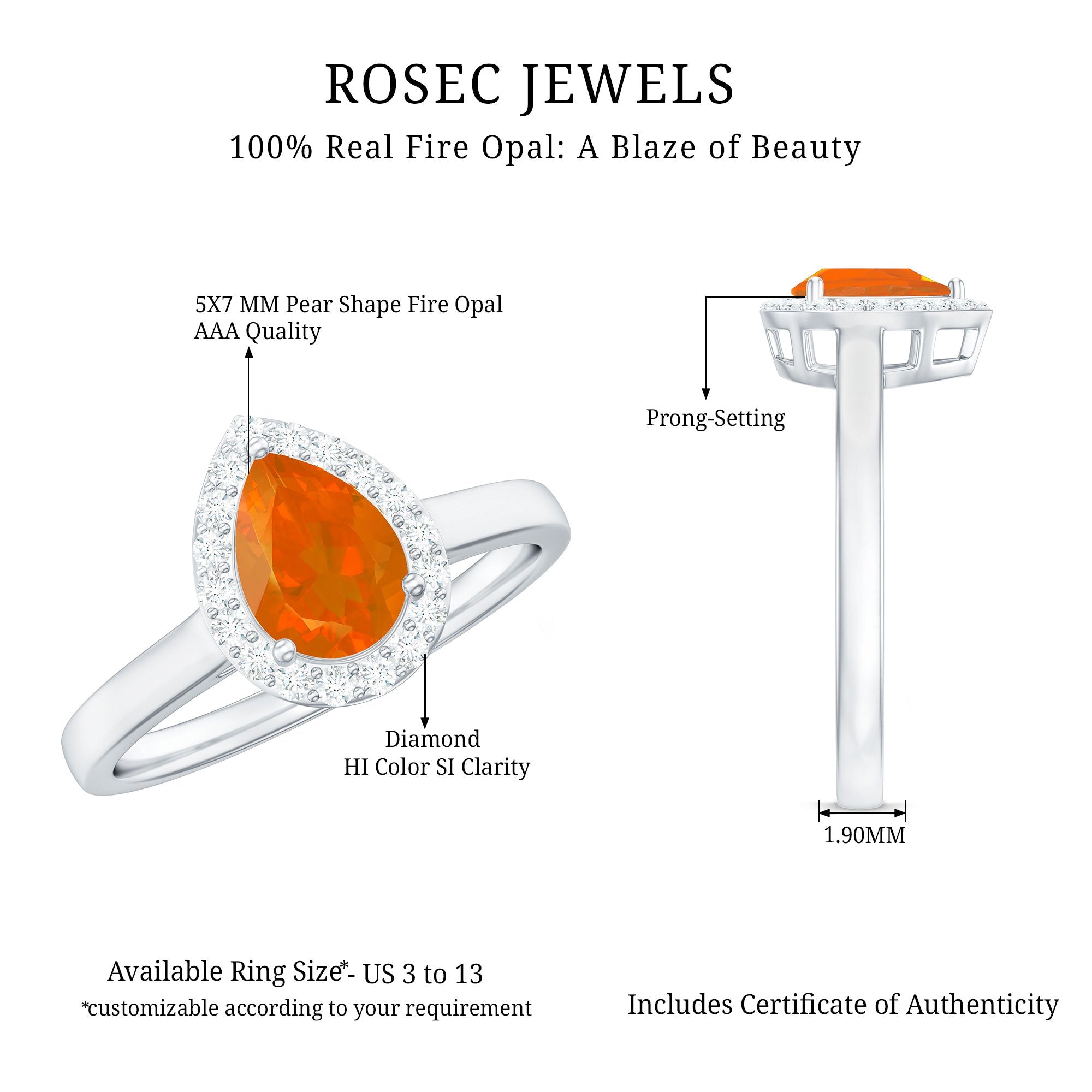 1 CT Teardrop Fire Opal Ring with Diamond Accent