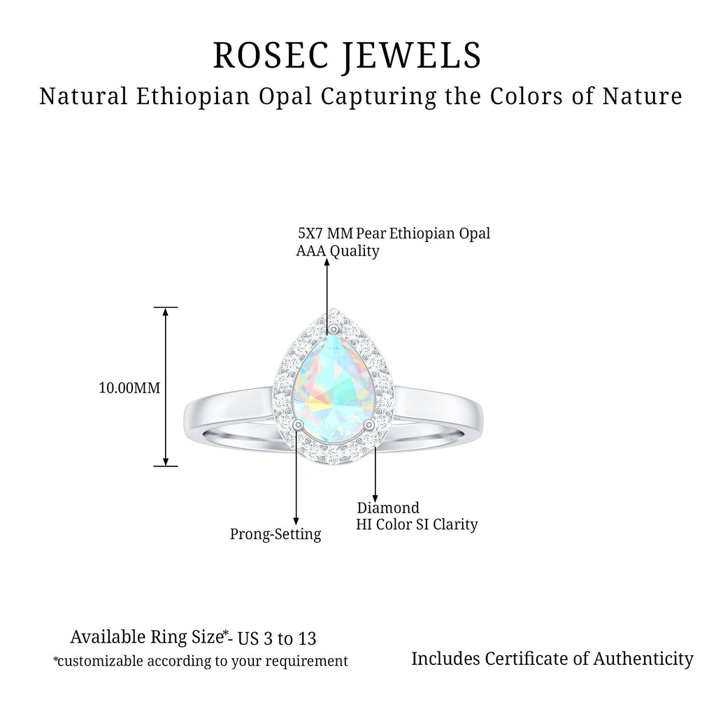 Certified Real 5X7 mm Ethiopian Opal Engagement Ring with Diamond Halo