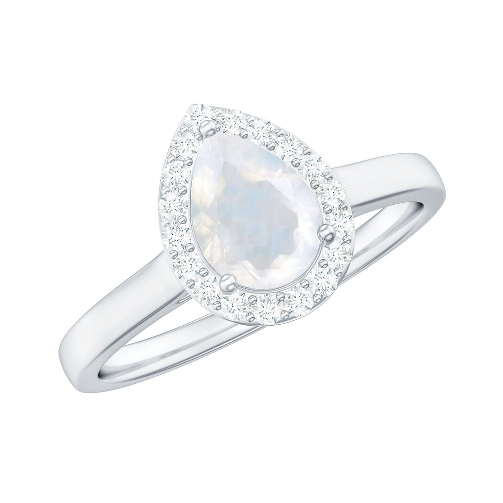 Pear Shaped Moonstone Halo Engagement Ring with Diamond