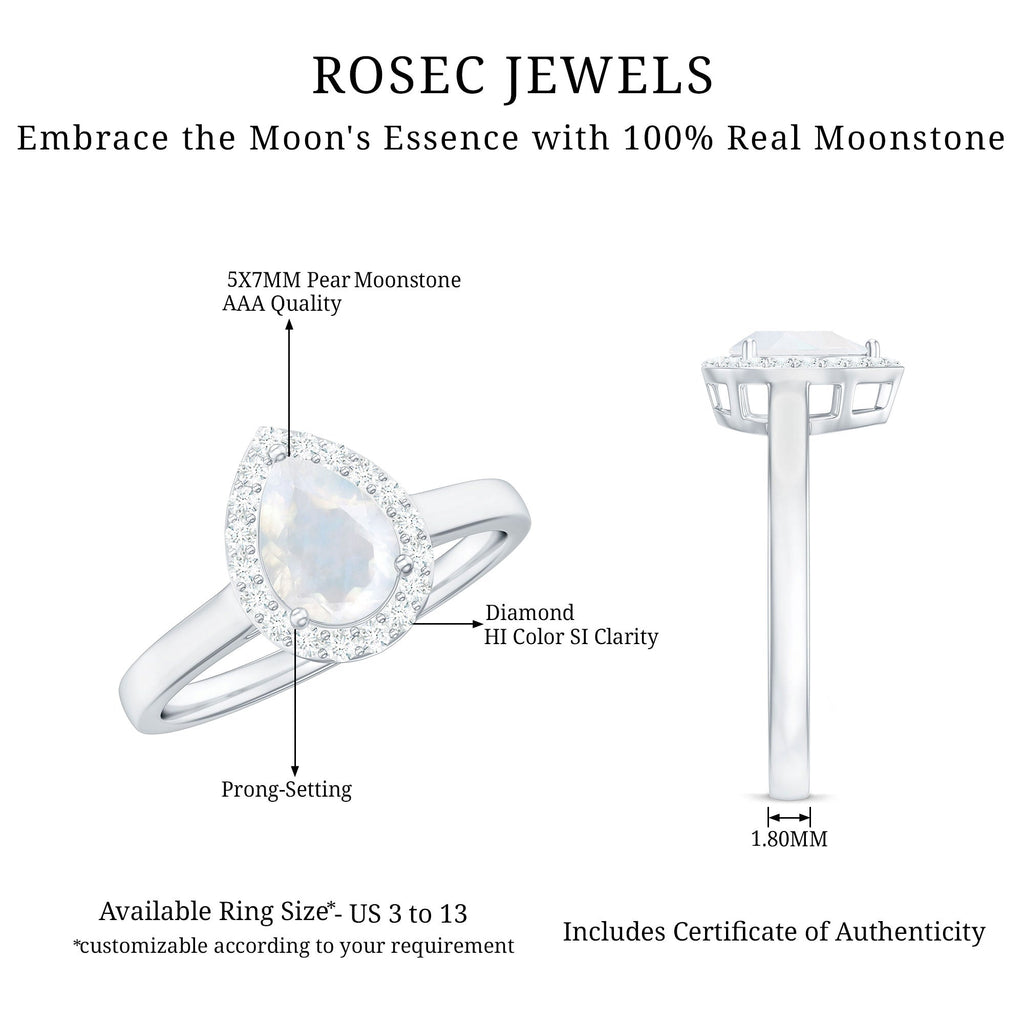 Pear Shaped Moonstone Halo Engagement Ring with Diamond