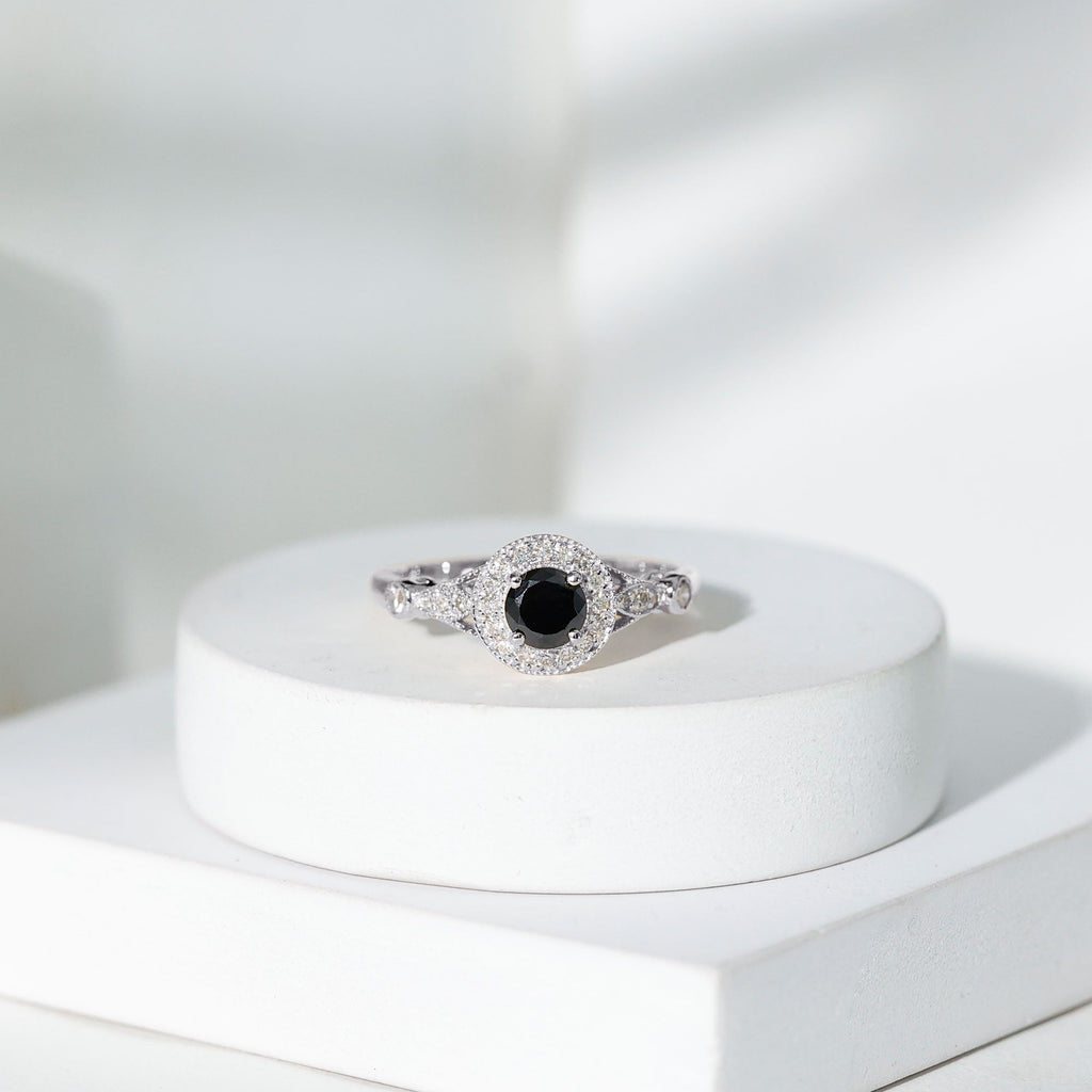 Created Black Diamond Antique Style Engagement Ring with Diamond