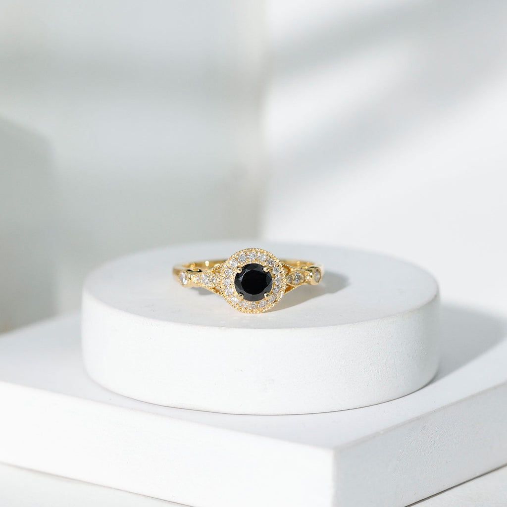 Created Black Diamond Antique Style Engagement Ring with Diamond