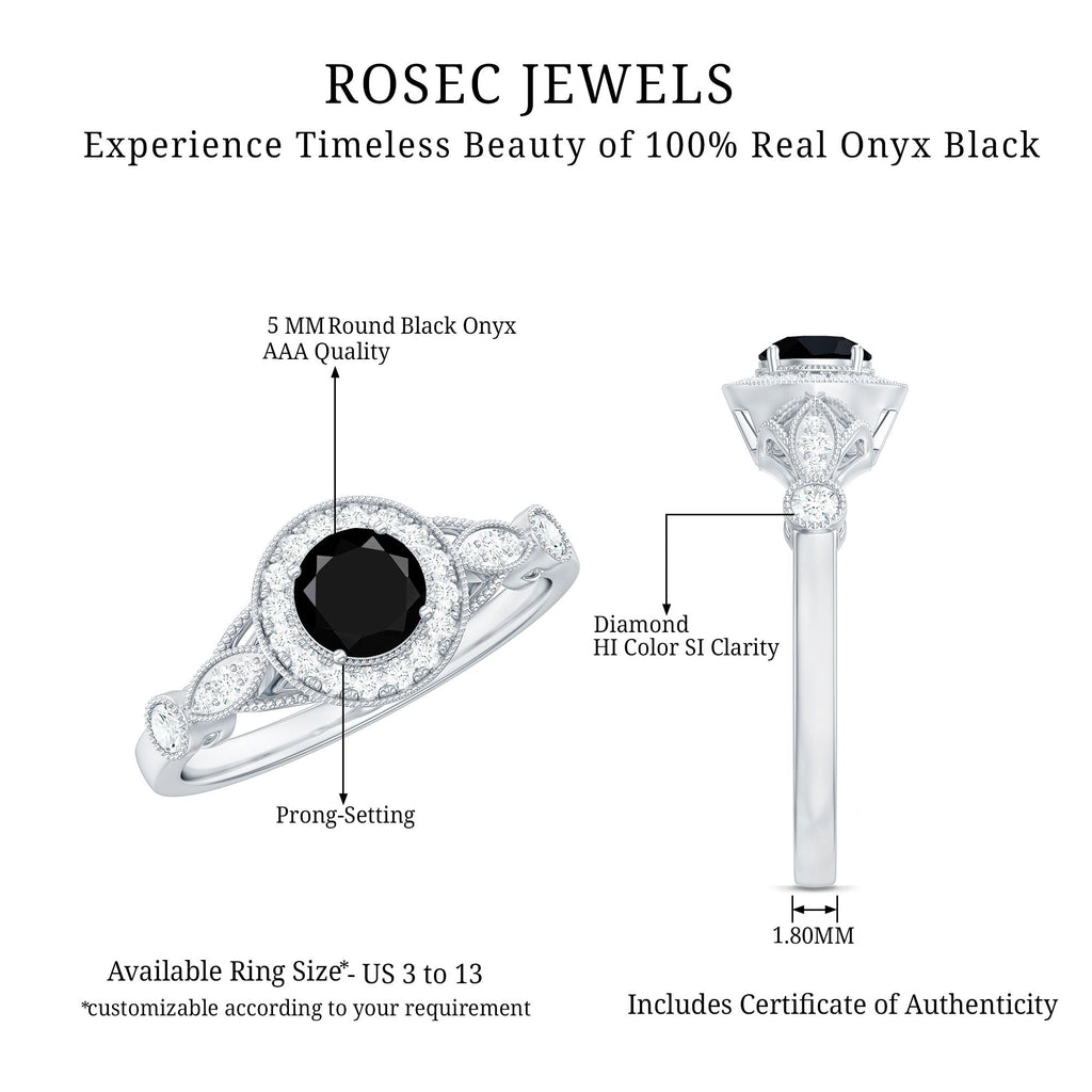 Vintage Inspired Black Onyx and Diamond Engagement Ring