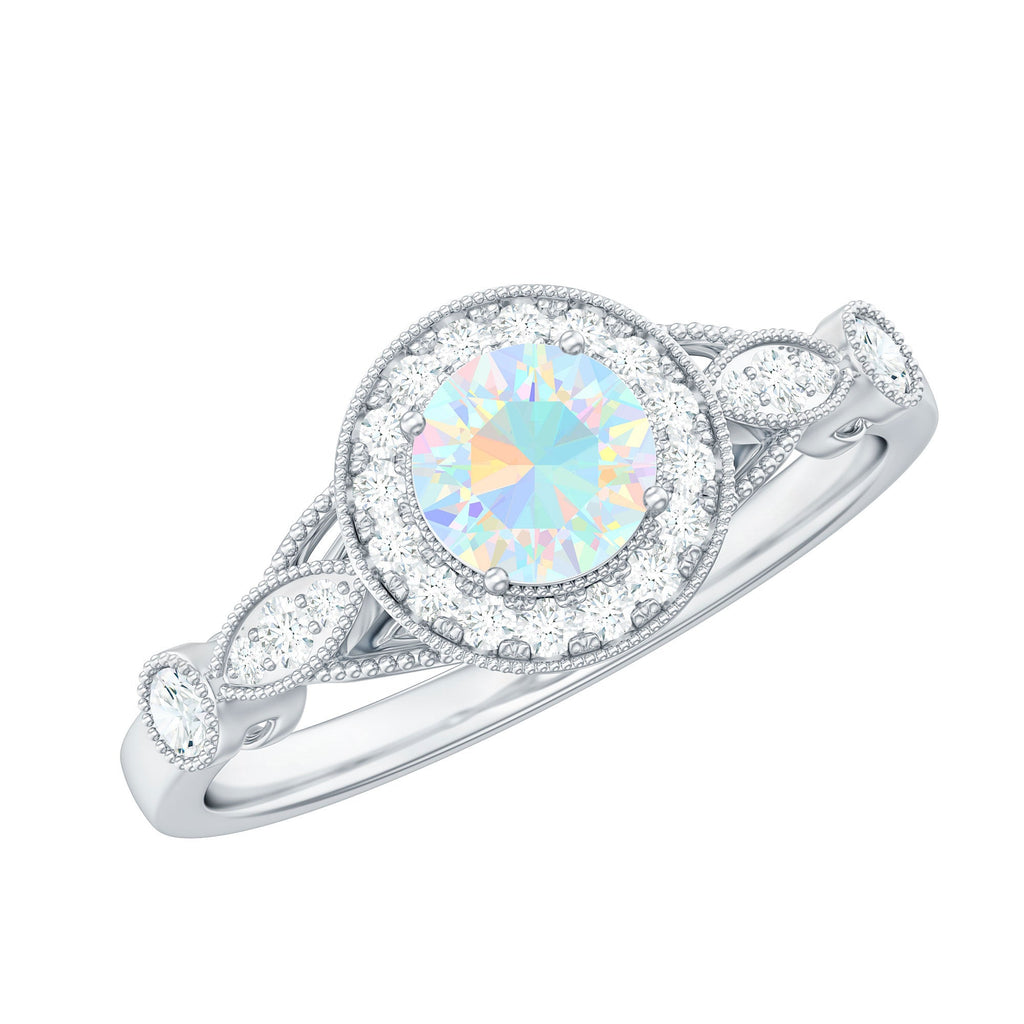 Genuine Ethiopian Opal Antique Looking Engagement Ring with Diamond Halo