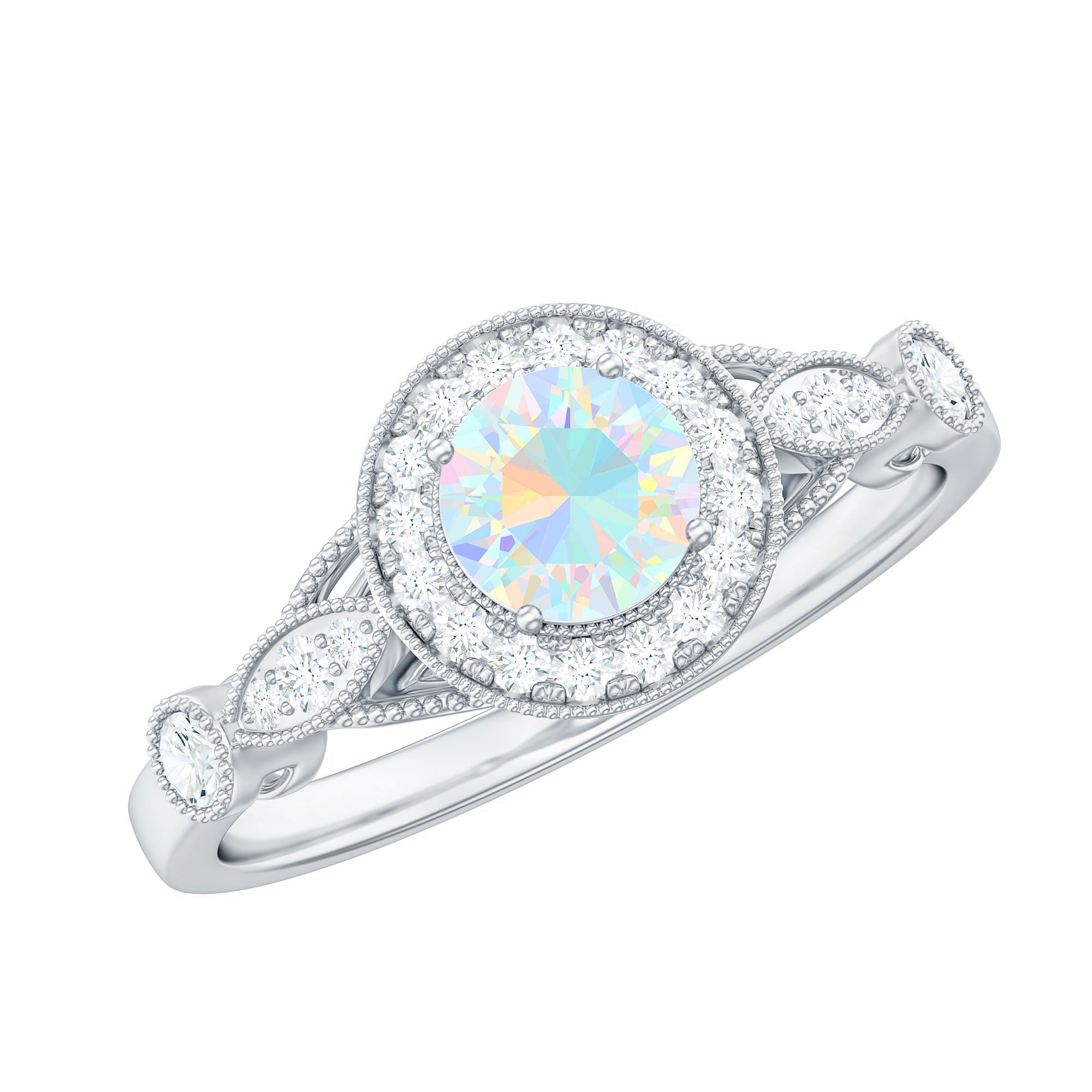 Genuine Ethiopian Opal Antique Looking Engagement Ring with Diamond Halo