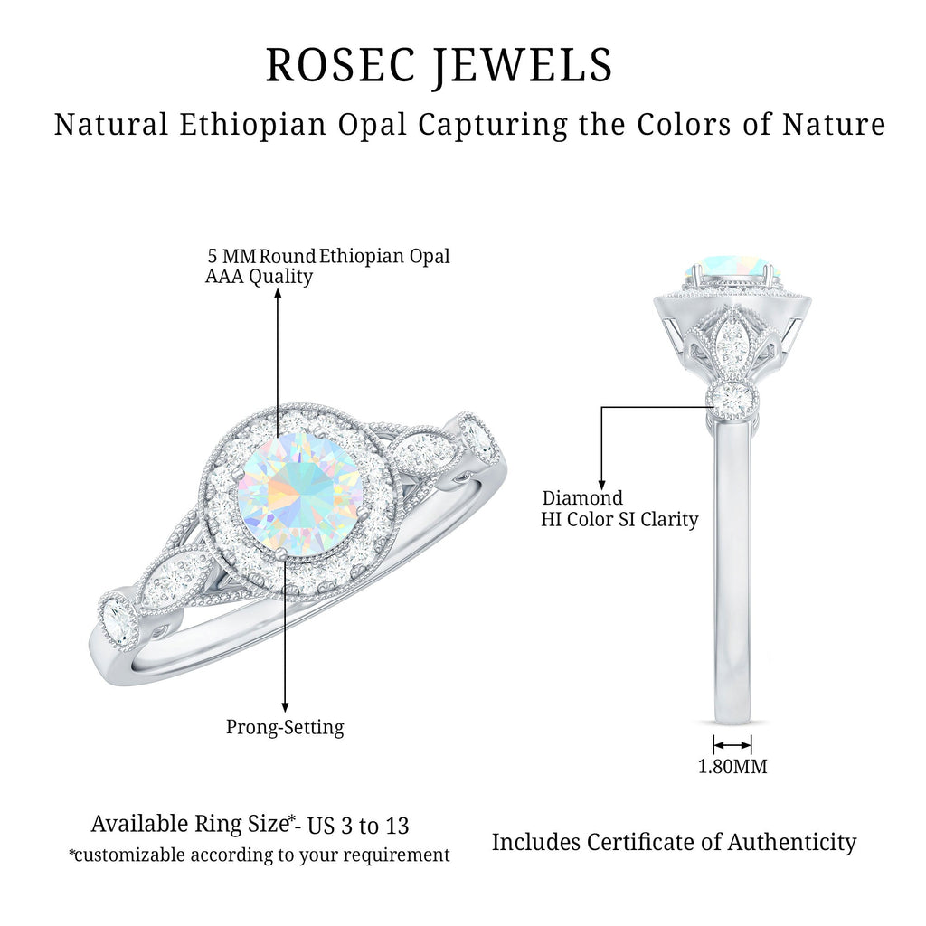 Genuine Ethiopian Opal Antique Looking Engagement Ring with Diamond Halo