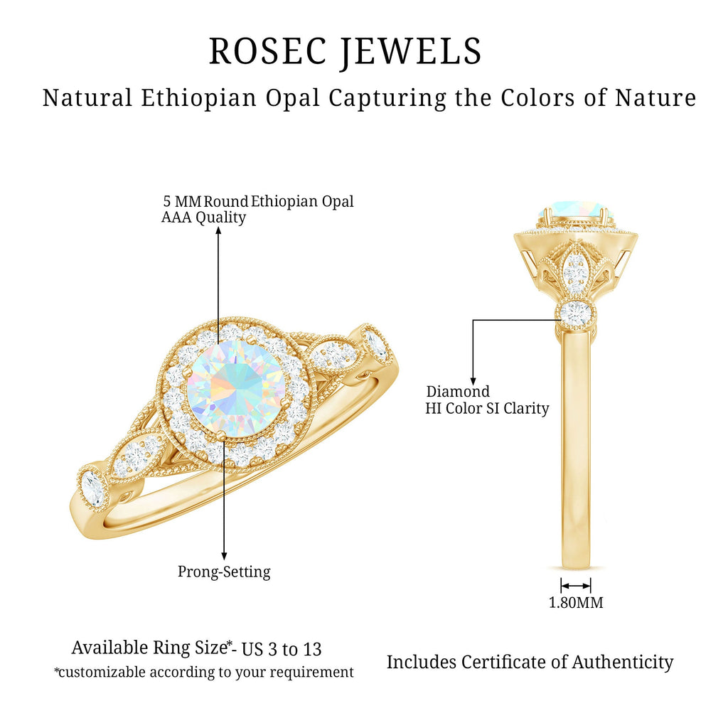 Genuine Ethiopian Opal Antique Looking Engagement Ring with Diamond Halo