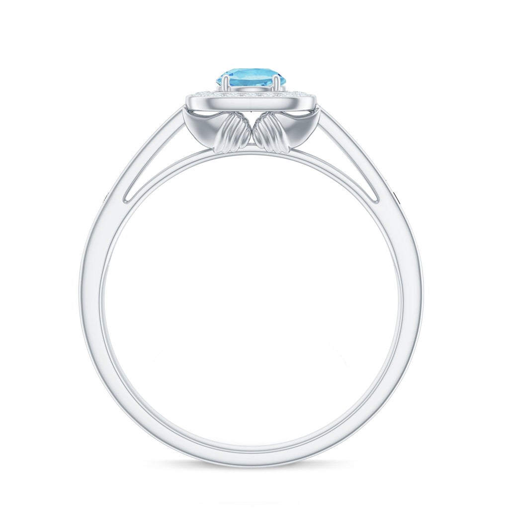 3/4 Carat Round Aquamarine and Diamond Halo Promise Ring