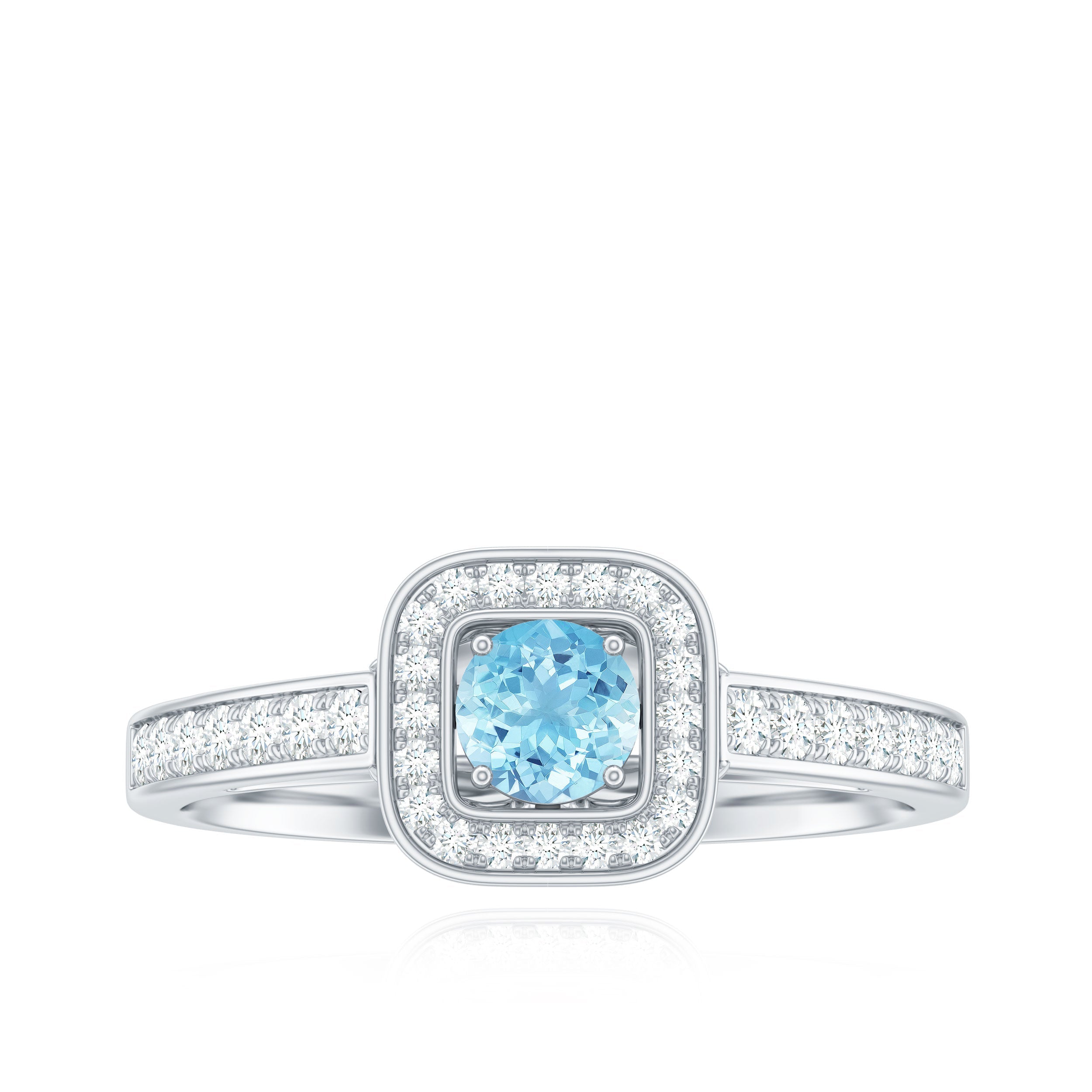 3/4 Carat Round Aquamarine and Diamond Halo Promise Ring