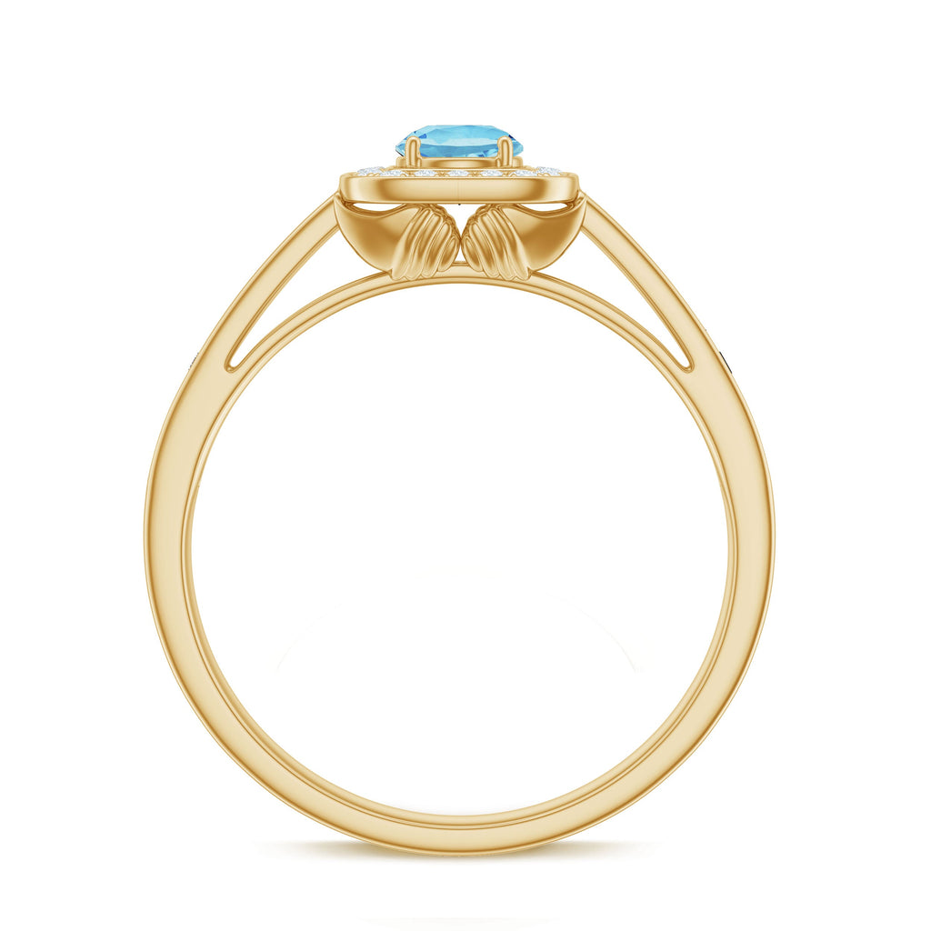 3/4 Carat Round Aquamarine and Diamond Halo Promise Ring