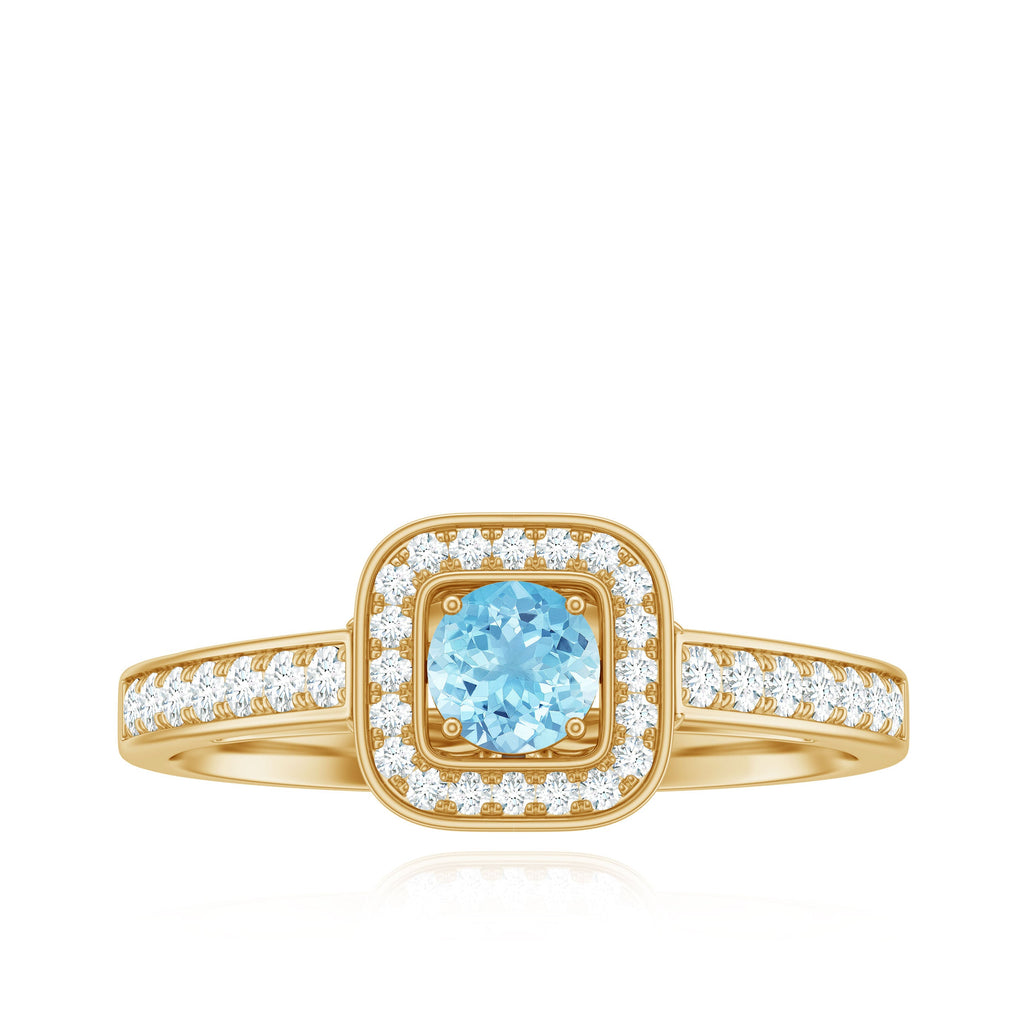 3/4 Carat Round Aquamarine and Diamond Halo Promise Ring