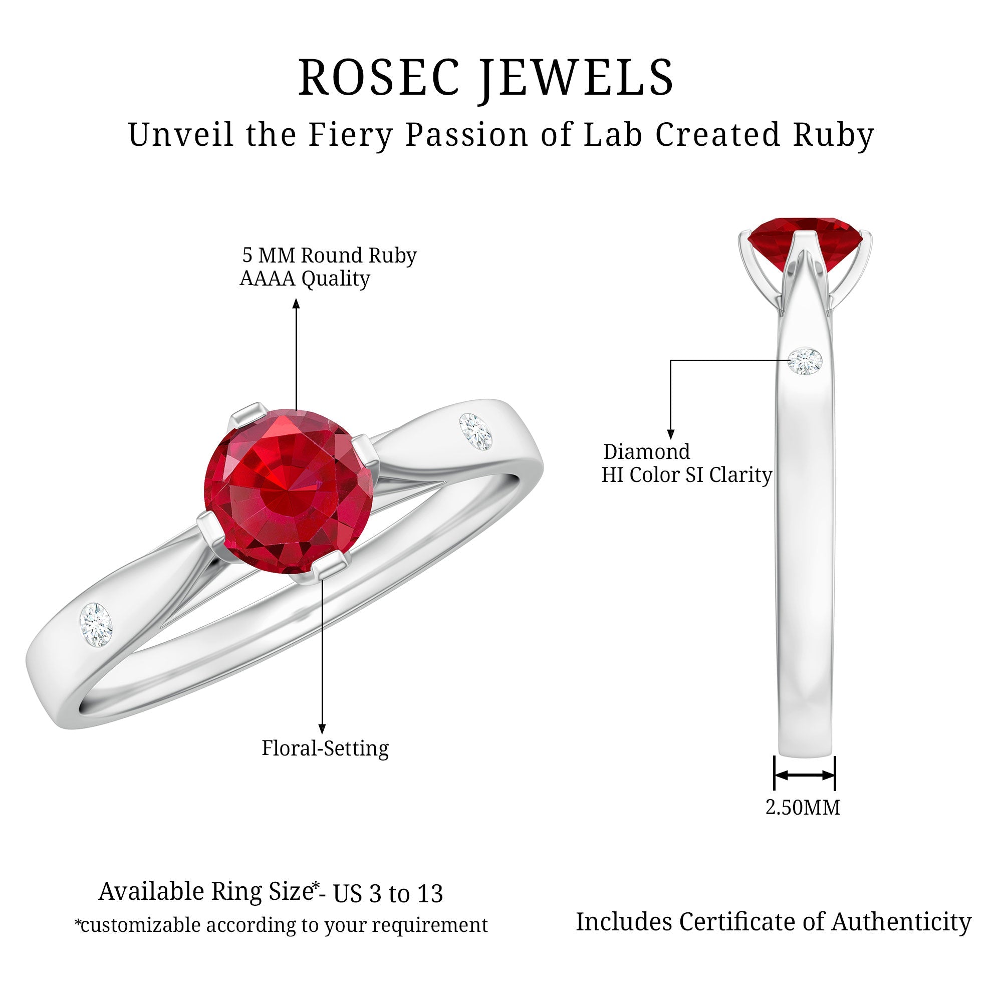 Round Lab Grown Ruby Solitaire Ring with Diamond