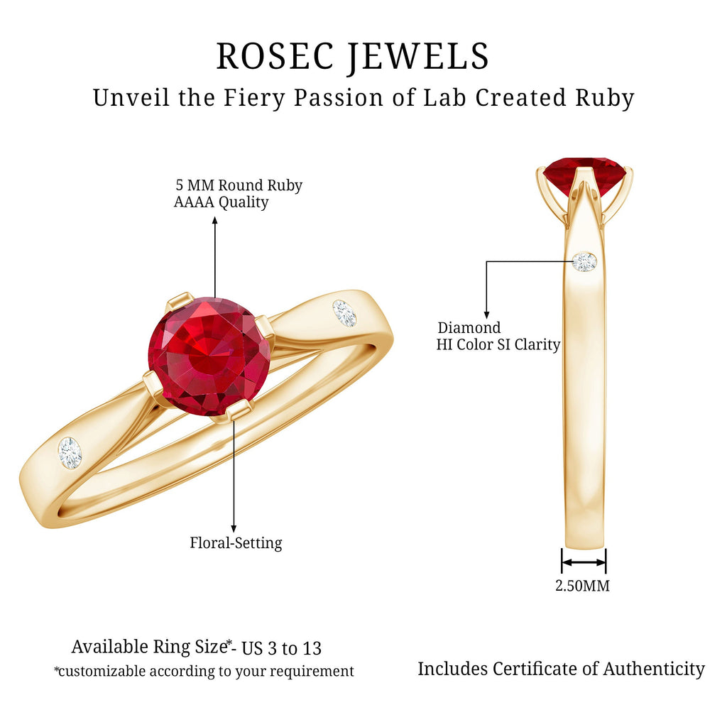 Round Lab Grown Ruby Solitaire Ring with Diamond