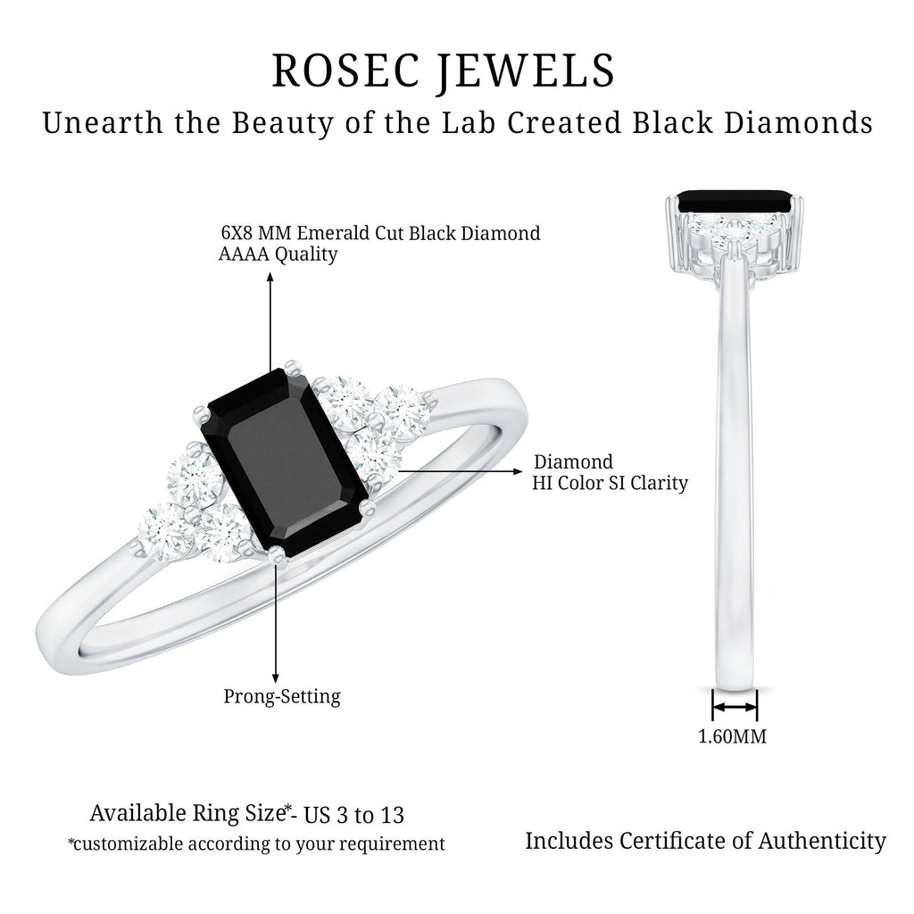 Emerald Cut Created Black Diamond Solitaire Ring with Diamond Trio