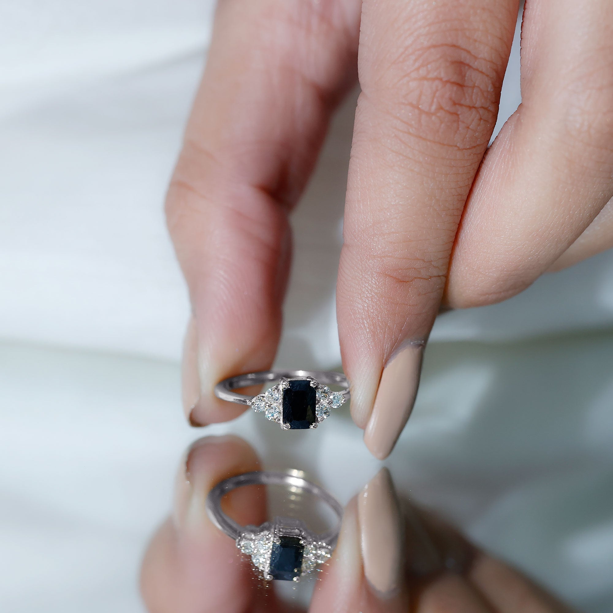 Emerald Cut Created Black Diamond Solitaire Ring with Diamond Trio