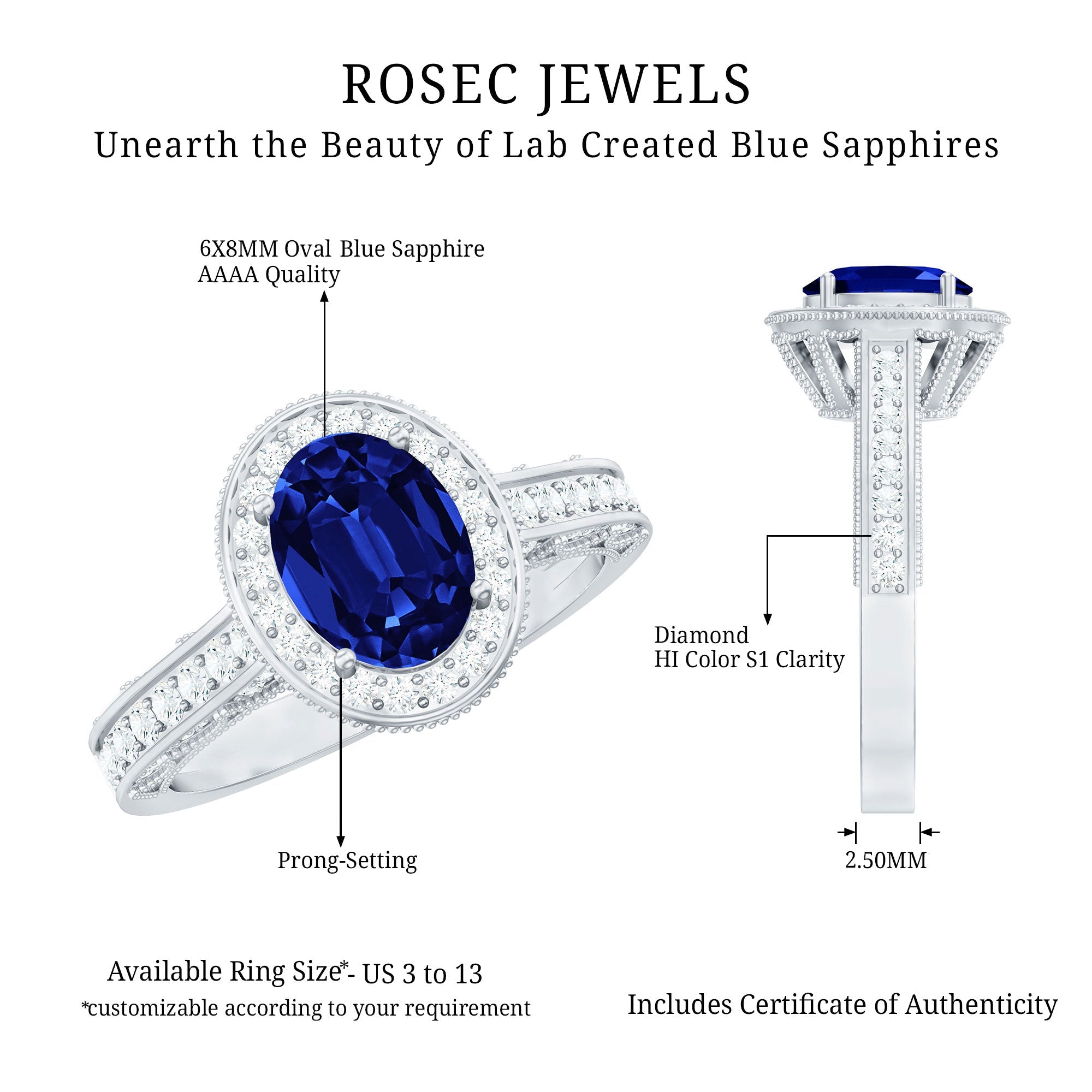 Certified 1.5 Carat Lab Grown Blue Sapphire Engagement Ring with Diamond Halo