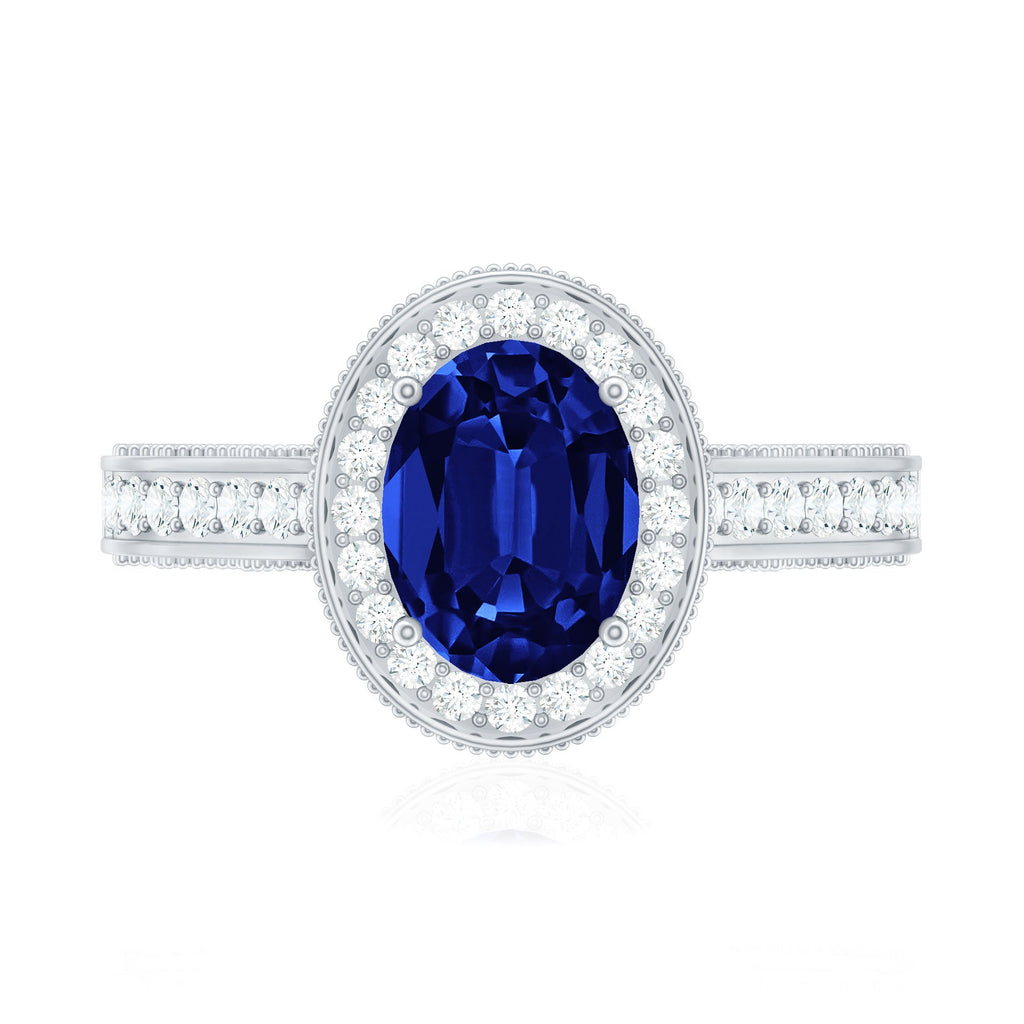 Certified 1.5 Carat Lab Grown Blue Sapphire Engagement Ring with Diamond Halo