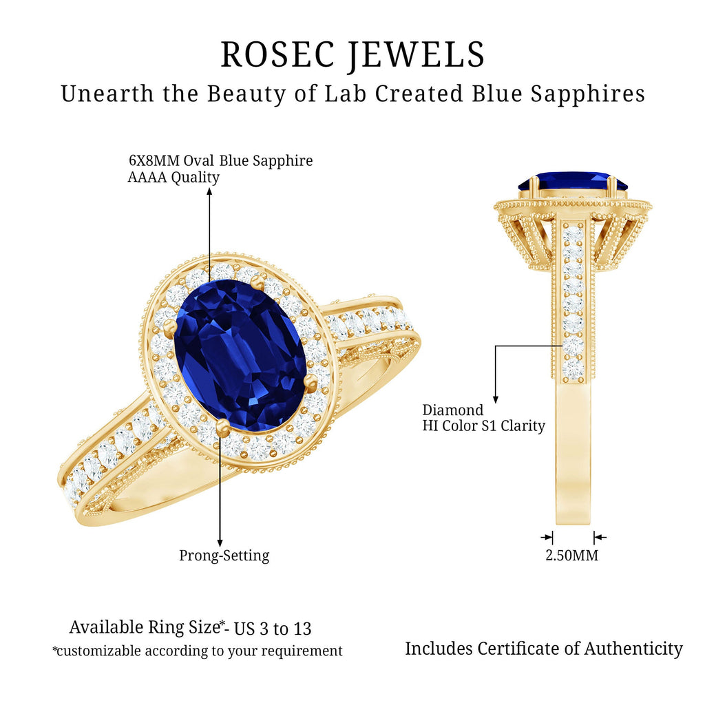 Certified 1.5 Carat Lab Grown Blue Sapphire Engagement Ring with Diamond Halo